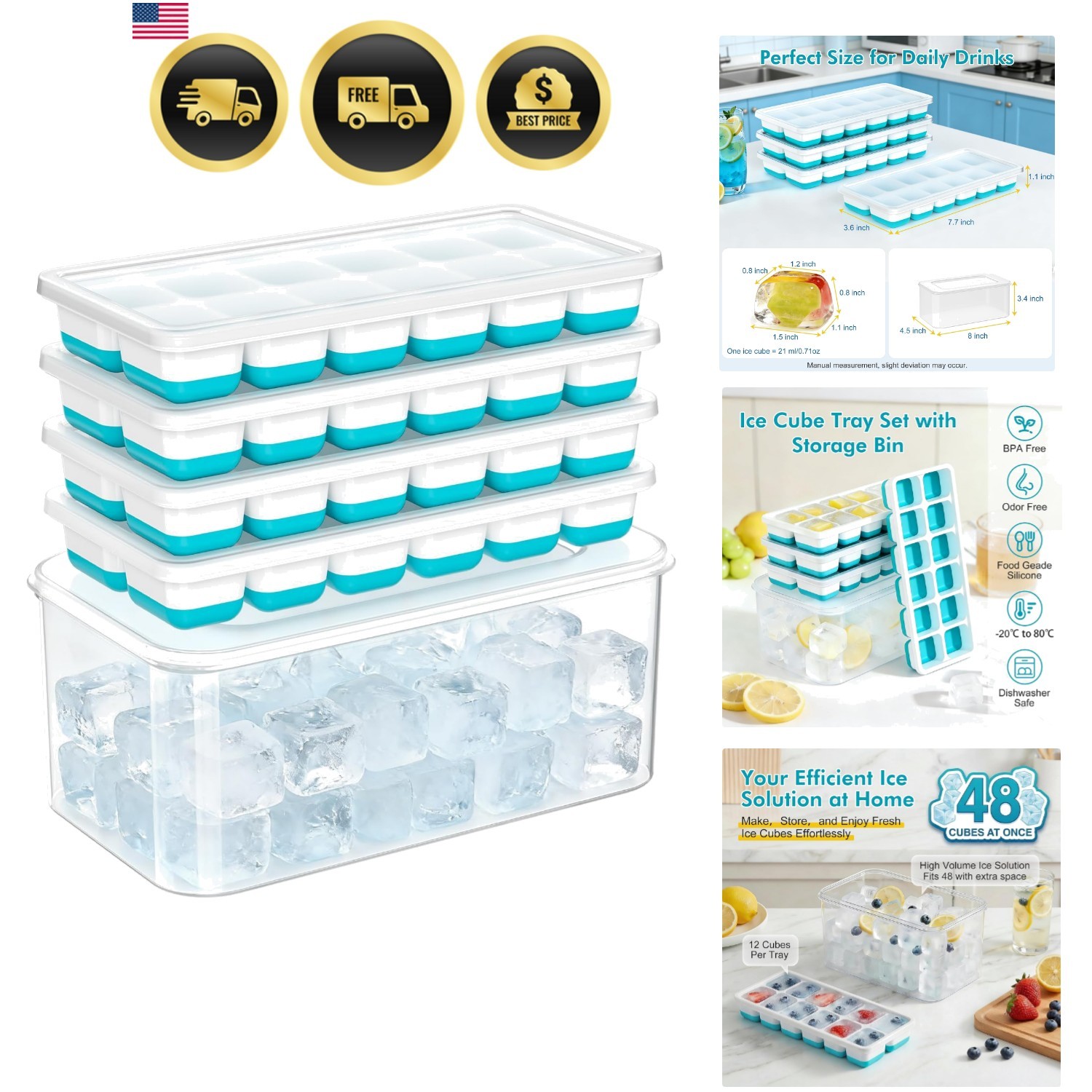 Ice Cube Tray with Lid & Bin - 4 Pack 48 Cubes Stackable Silicone Trays for F...