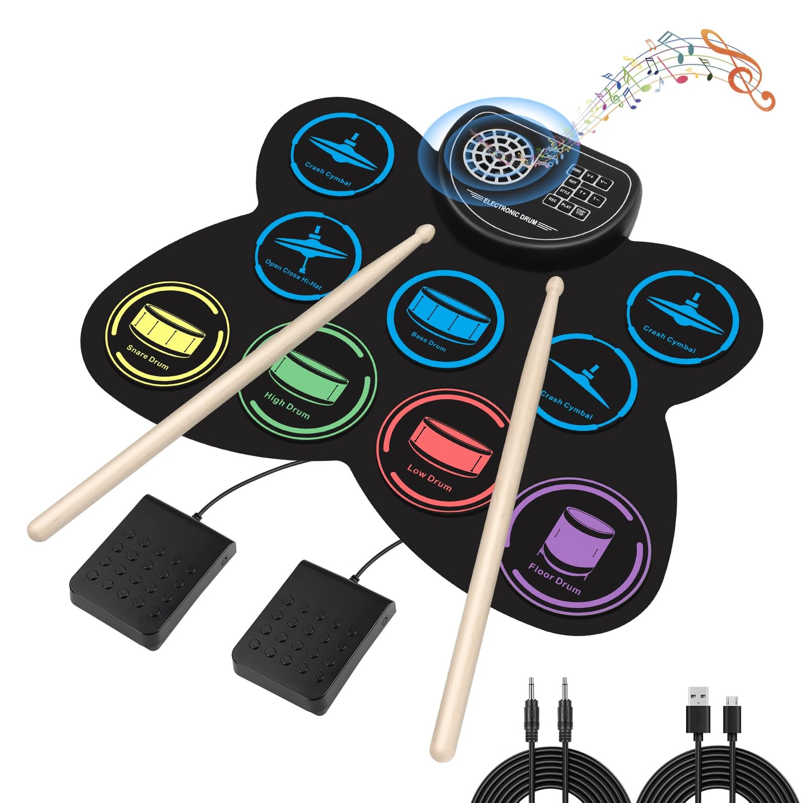 Electronic Drum Set, Marrilley 9 Drum Practice Pad with Headphone Jack, Roll-up