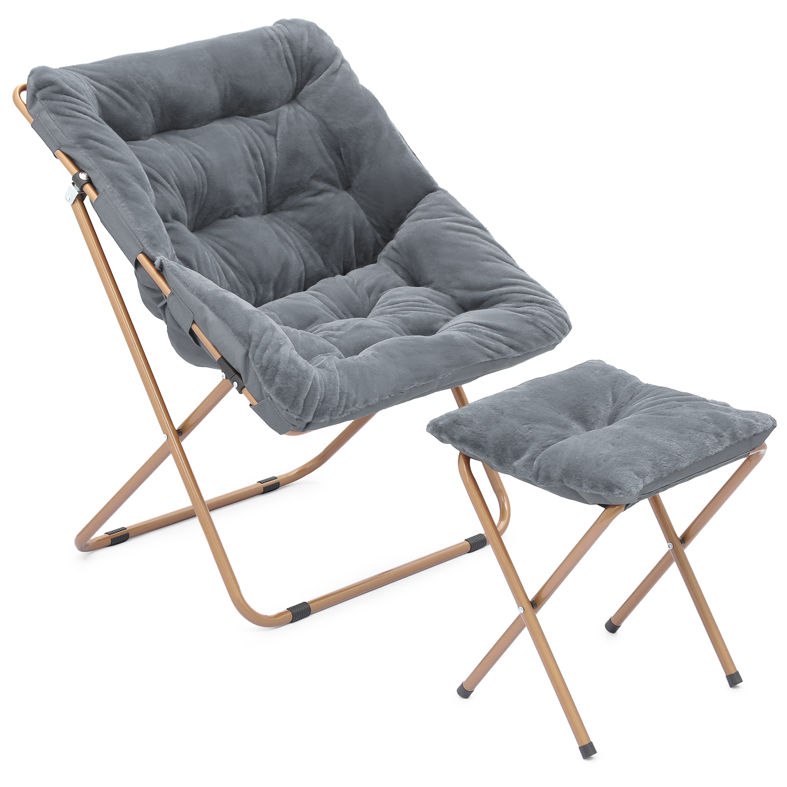 Folding Saucer Cozy Moon Chair Home Grey Soft Faux Fur Oversized Seat w/Ottoman