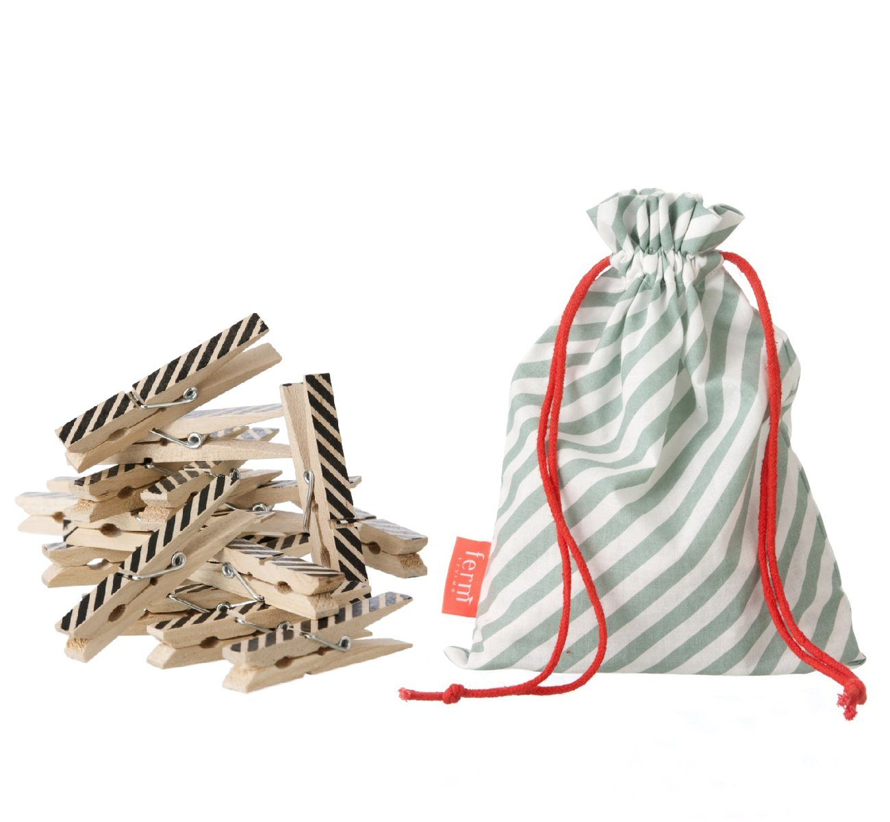 Ferm Living Striped Birch Wooden Clothes Pins with Mint Storage Bag - 20ct