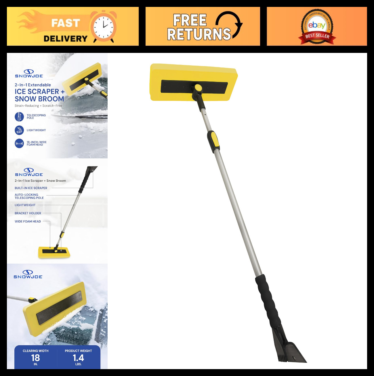 2-in-1 Telescoping Snow Broom & Ice Scraper - 18" Foam Head, Extendable Handle f