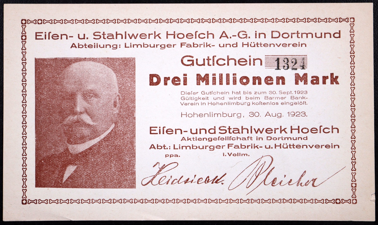 HOHENLIMBURG 1923 RARE "Iron & Steelworks Hoesch" 3 Million Mk Inflation Notgeld