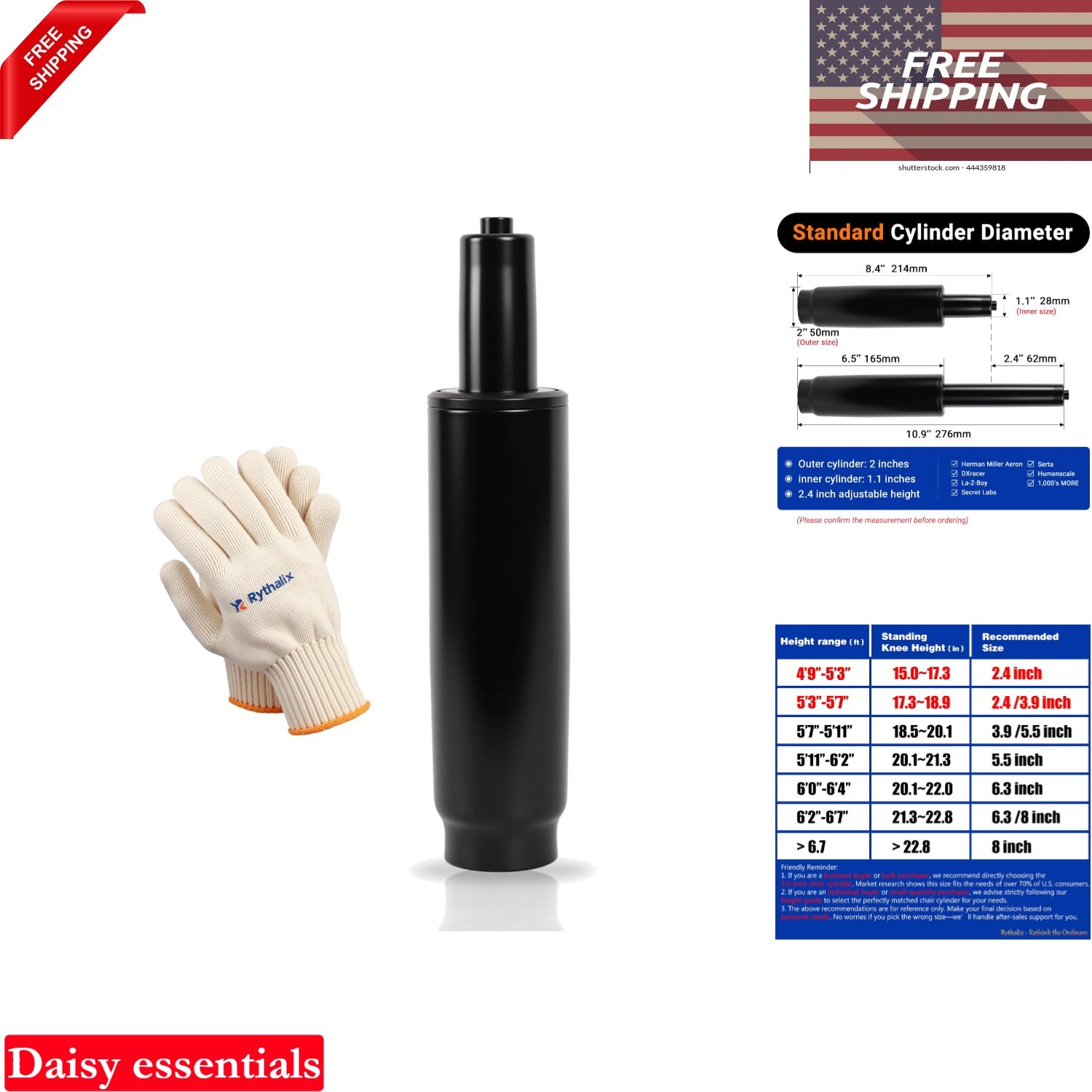 Heavy Duty Office Chair Hydraulic Cylinder 8.4-10.9 Inches, 2.4'' Stroke, 100...