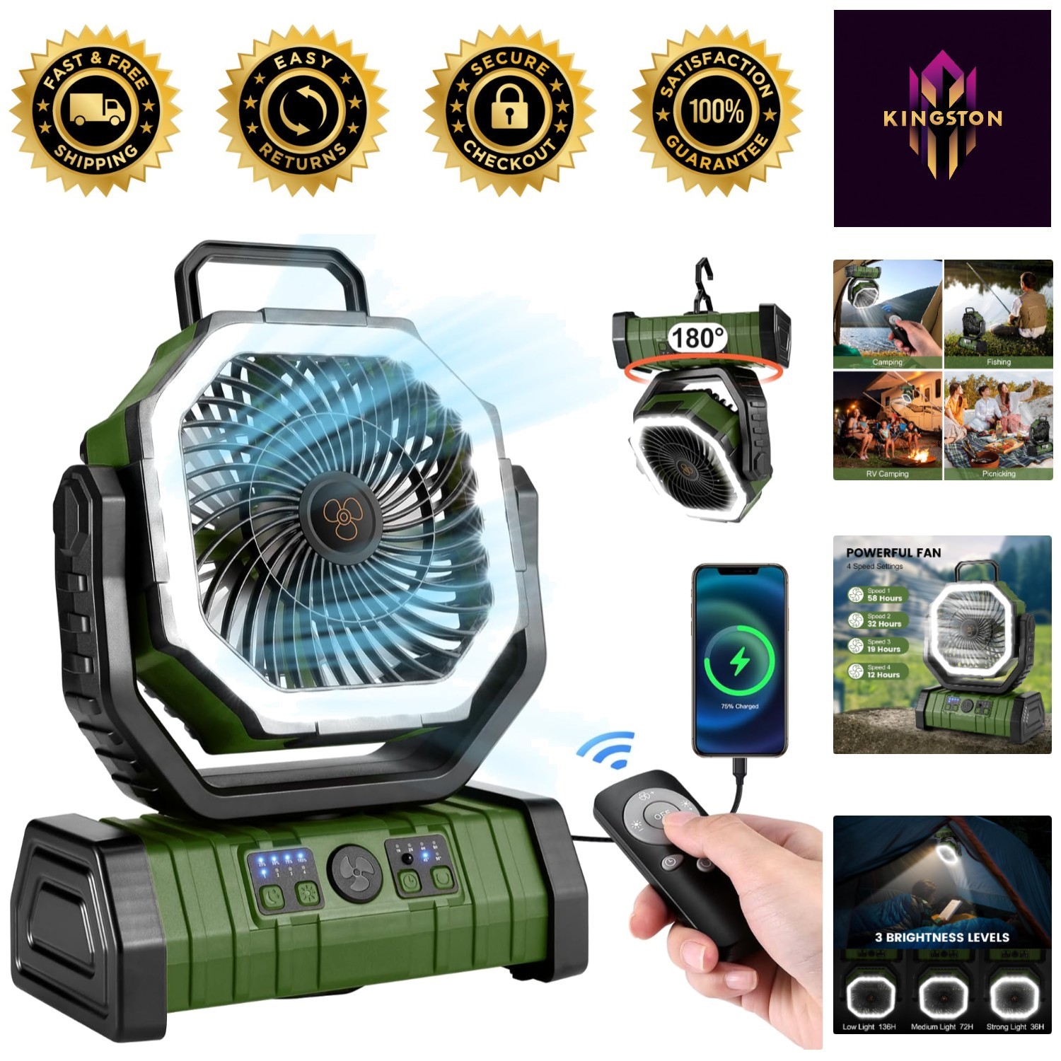 Powerful Outdoor Tent Fan with 3 Brightness LED Lantern, Rechargeable & Wireless