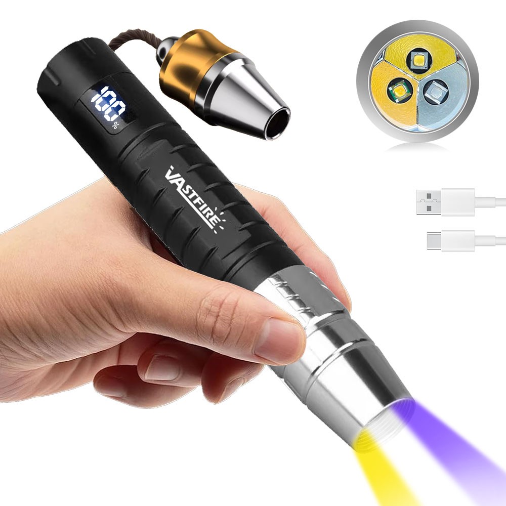White Yellow 365nm UV Light LED Flashlight Torch Gemologist Tool USB Charging