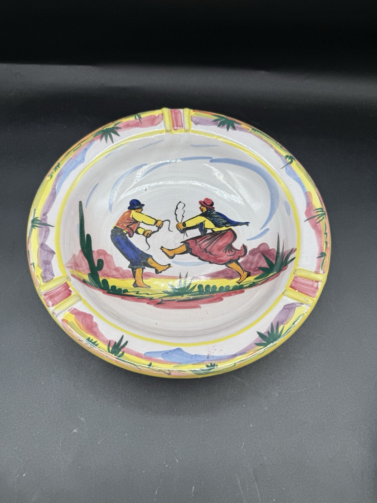 Vintage FCA Peru Hand-Painted Bowl Ashtray, Man Woman Camel