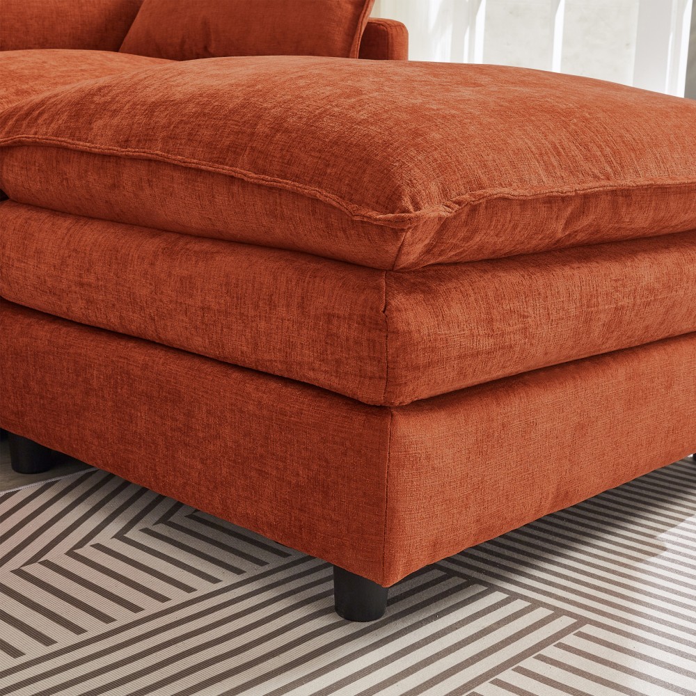Chenille Sectional Sofa, L-Shaped 3-Seater Modular Couch w/ Ottoman, Dark Orange