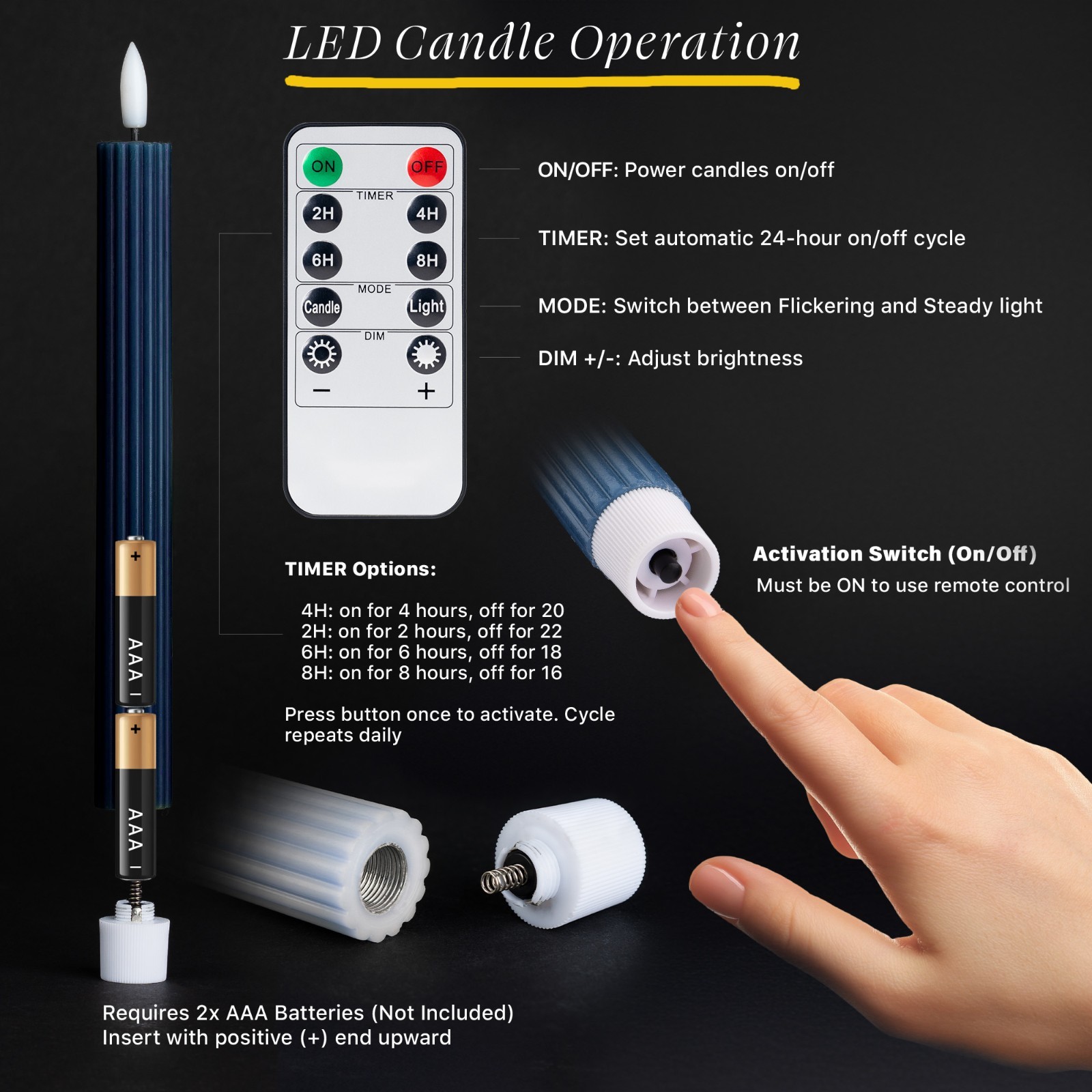 4 Pack 10" Overcast Blue LED Flameless Taper Candles with Remote & Timer