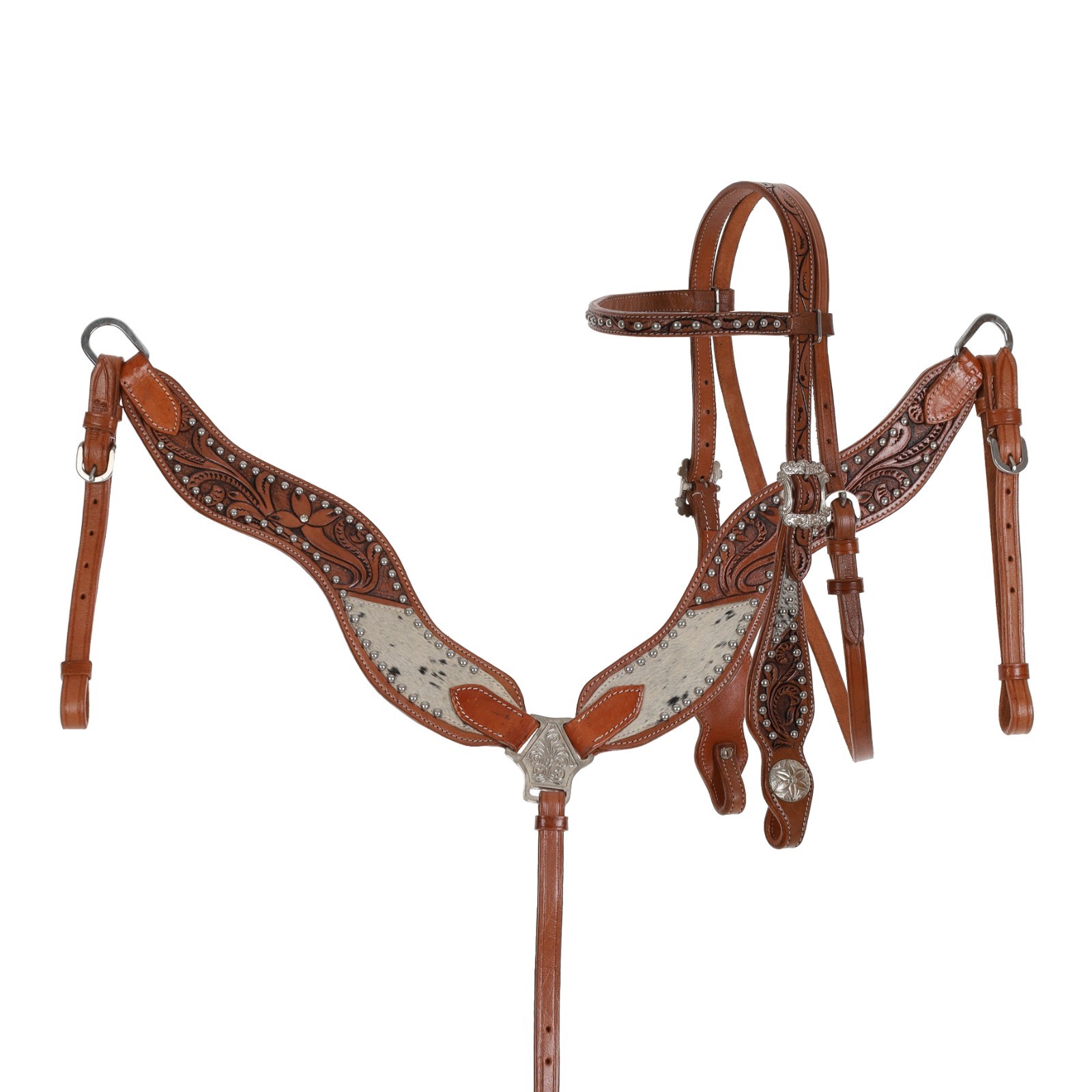 Cowpoke Classic Hair on Cowhide Browband Headstall & Breast Collar & Reins NEW