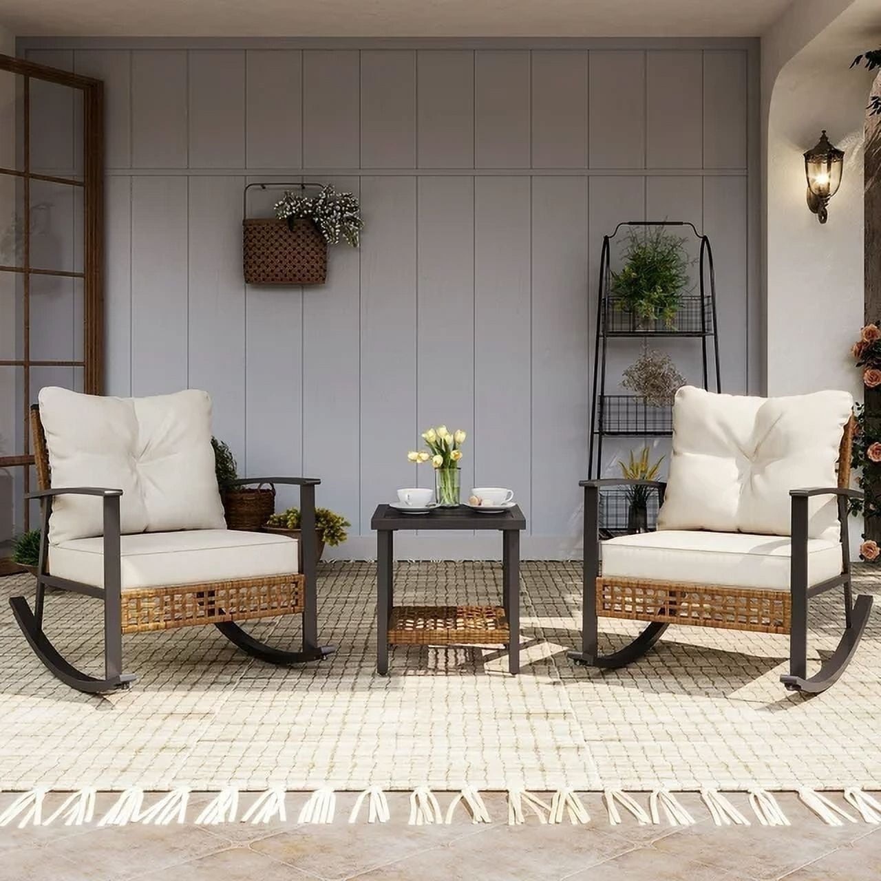 3pcs Patio Outdoor Conversation Set 2-Tier Coffee Table PE Wicker Rocking Chairs