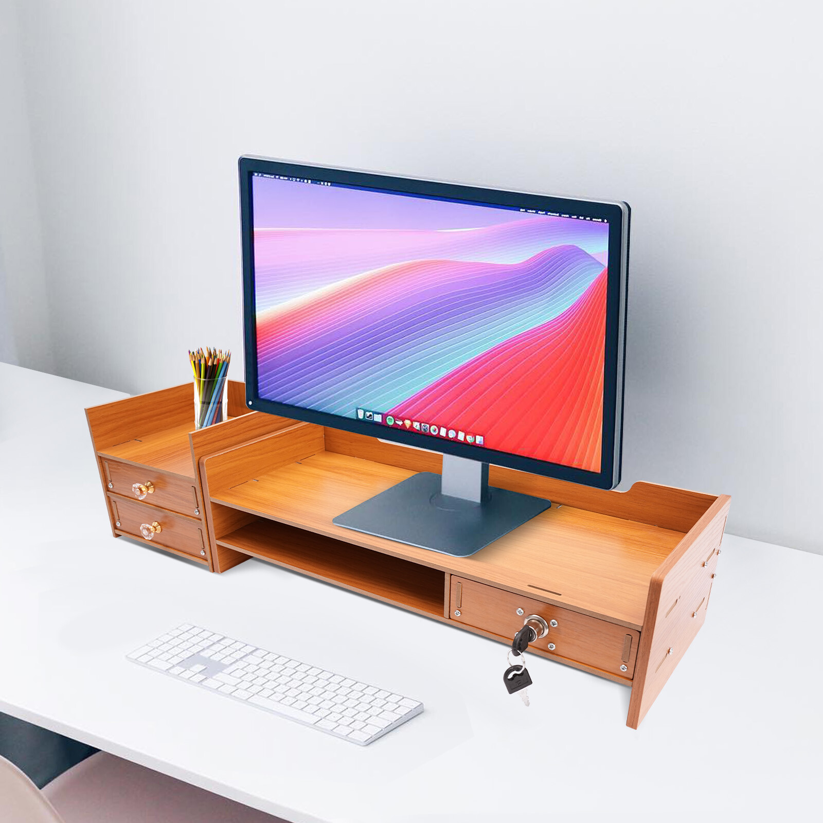 Wooden Desk Organizer with Drawers Office Supplies Computer Desktop Tabletop