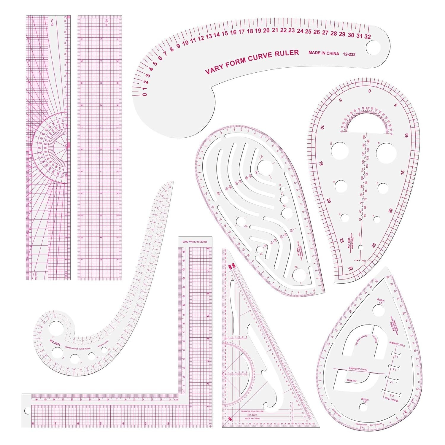 Fashion Clear Metric Sewing Ruler Set,French Curve Pattern Rulers for