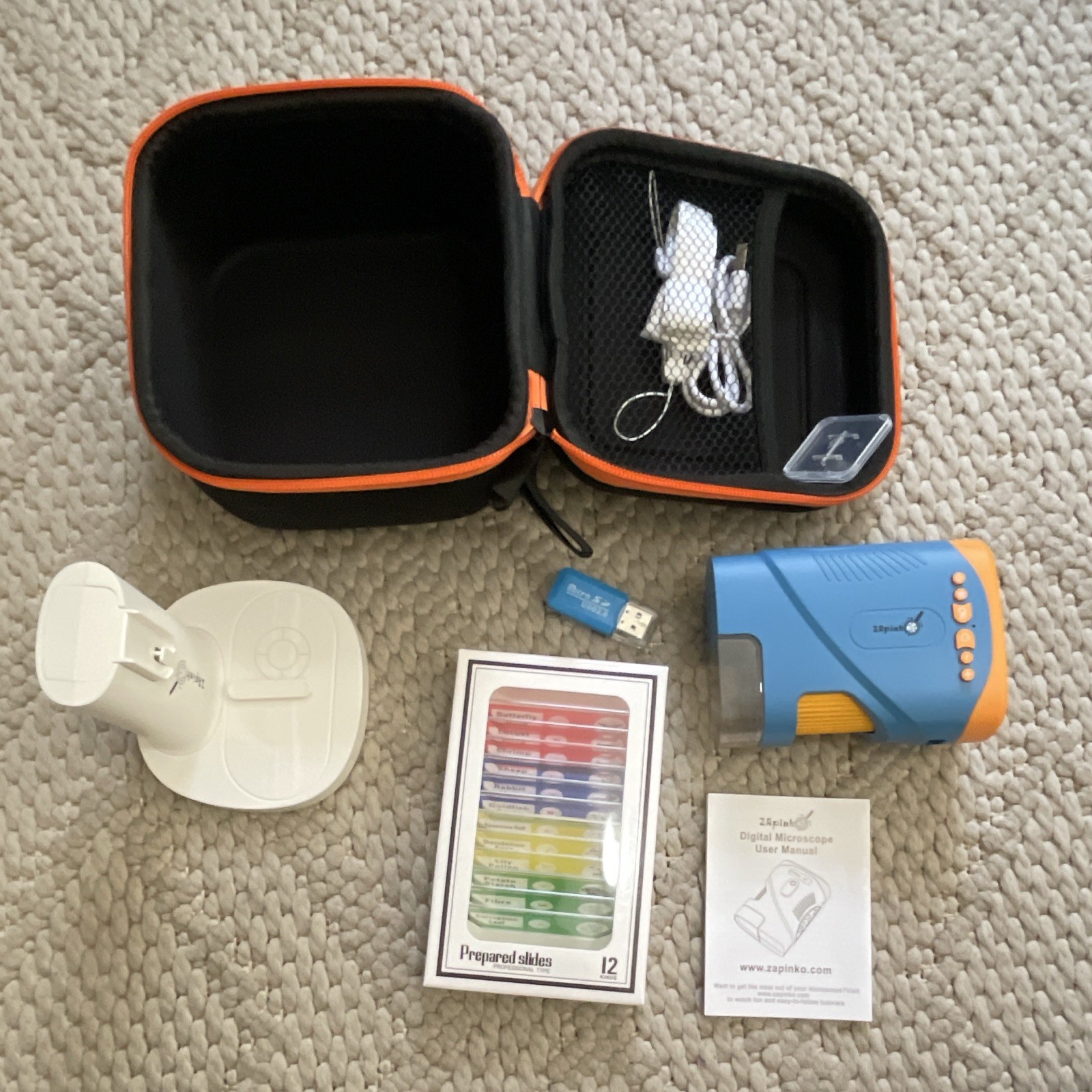 Zapink Digital Microscope Kit w/ Case, Stand, USB Cable & 12 Prepared Slides