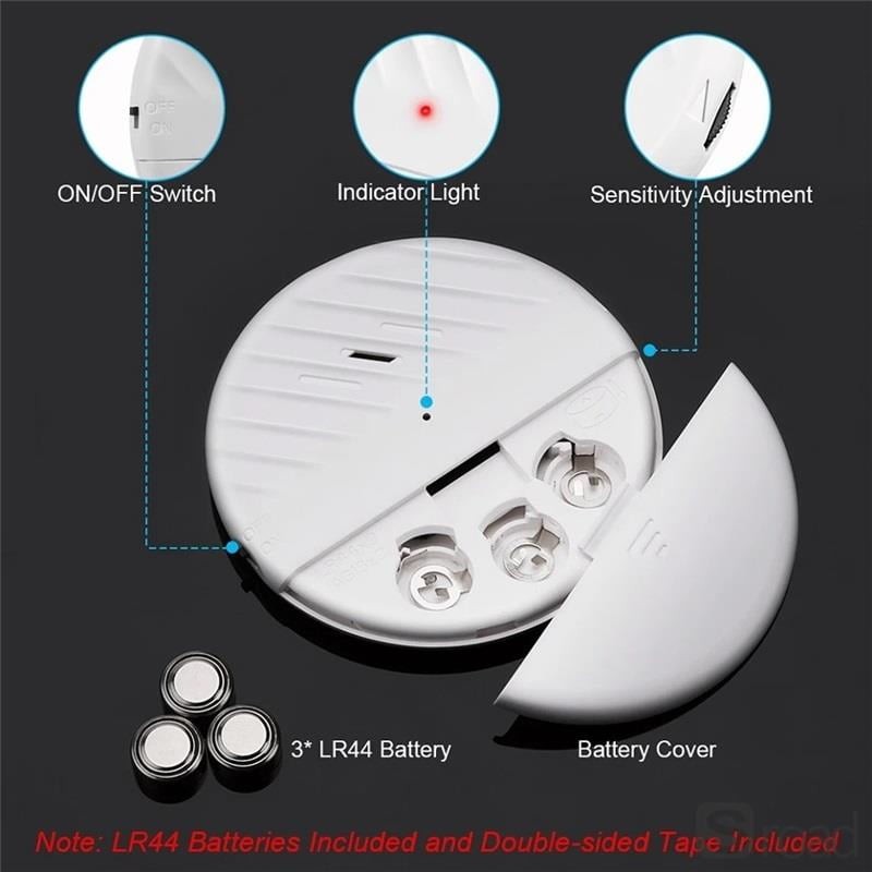 Wireless Vibration Sensor Alarm 125dB, Adjustable Sensitivity For Window Door