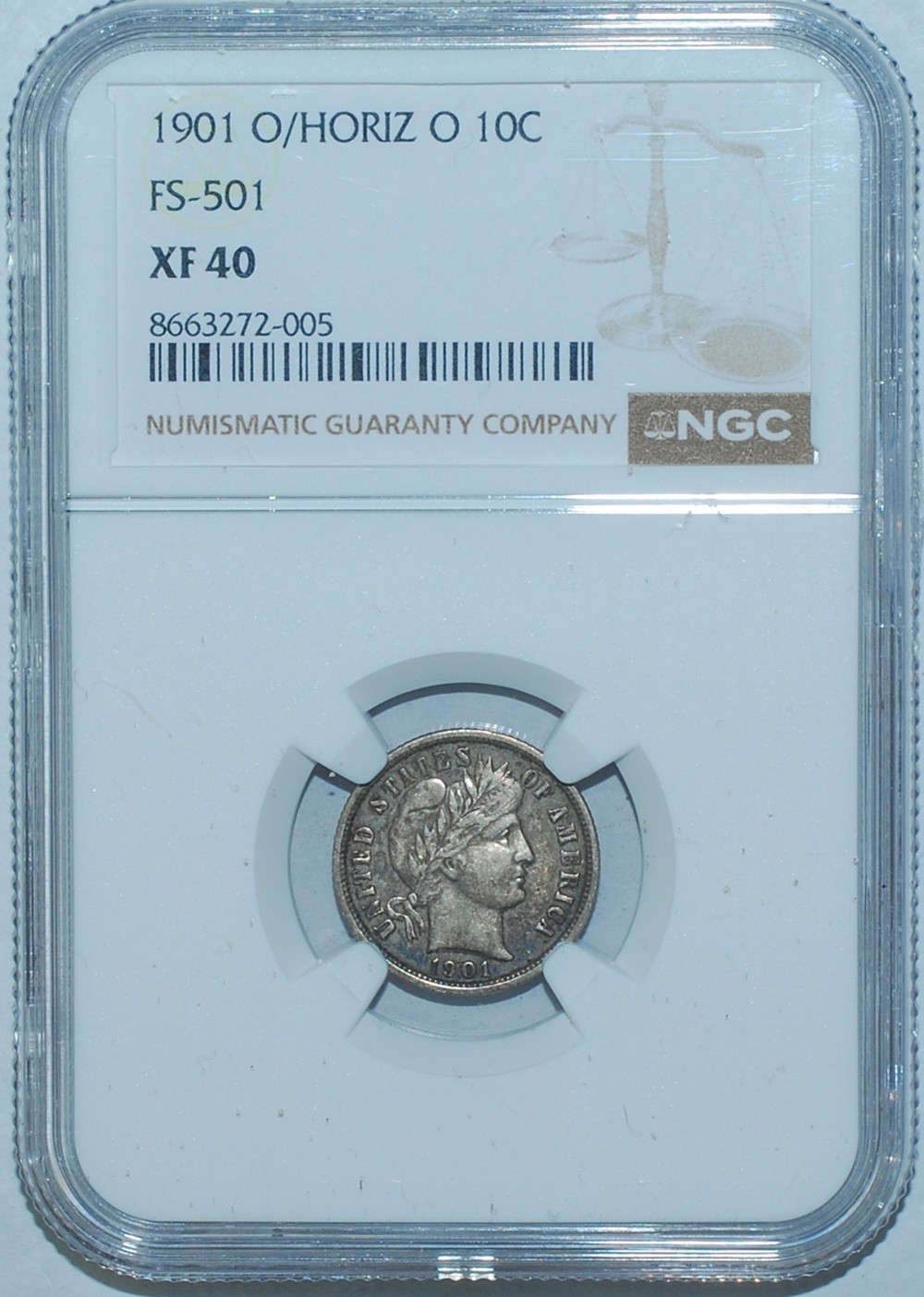 1901 O/O NGC XF40 FS-501 O/Horizontal O Barber Silver Dime