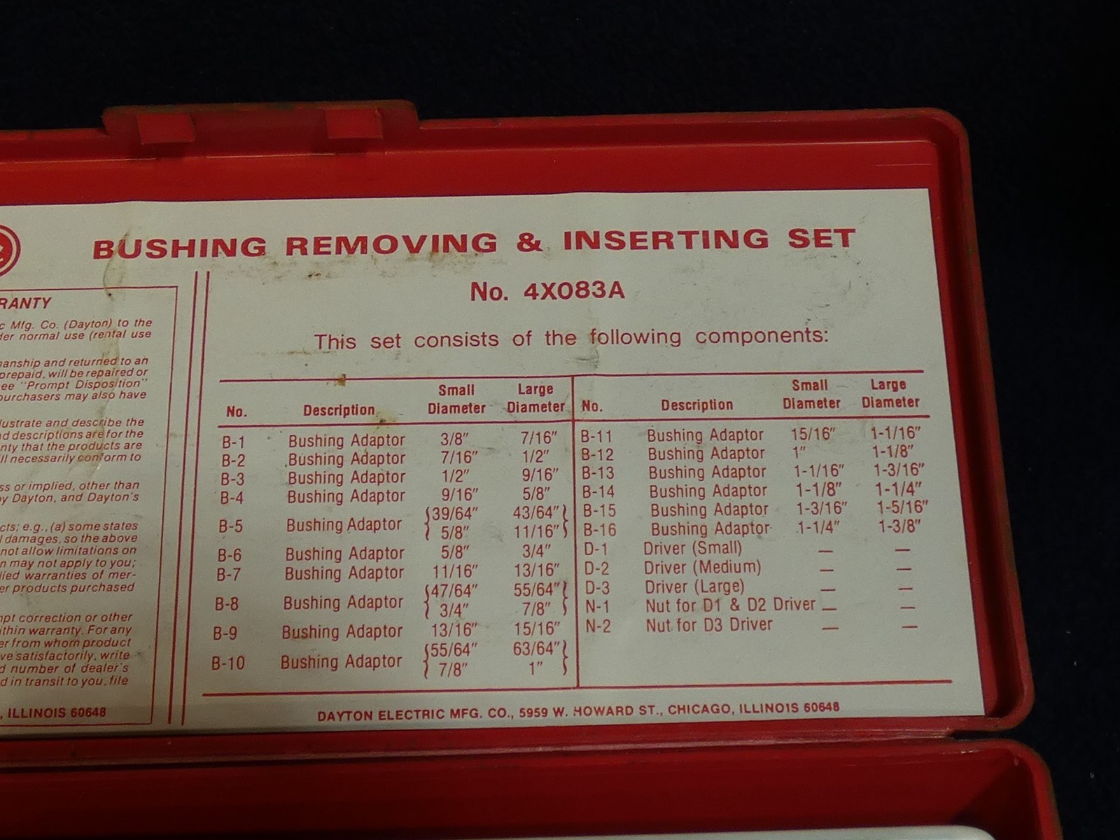 Dayton 4X083A Hand Tool Bushing Removing & Inserting With Box #BS