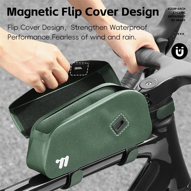 WEST BIKING Bicycle Magnetic Flip Cover Bag Waterproof Top Tube Bag Green 1L