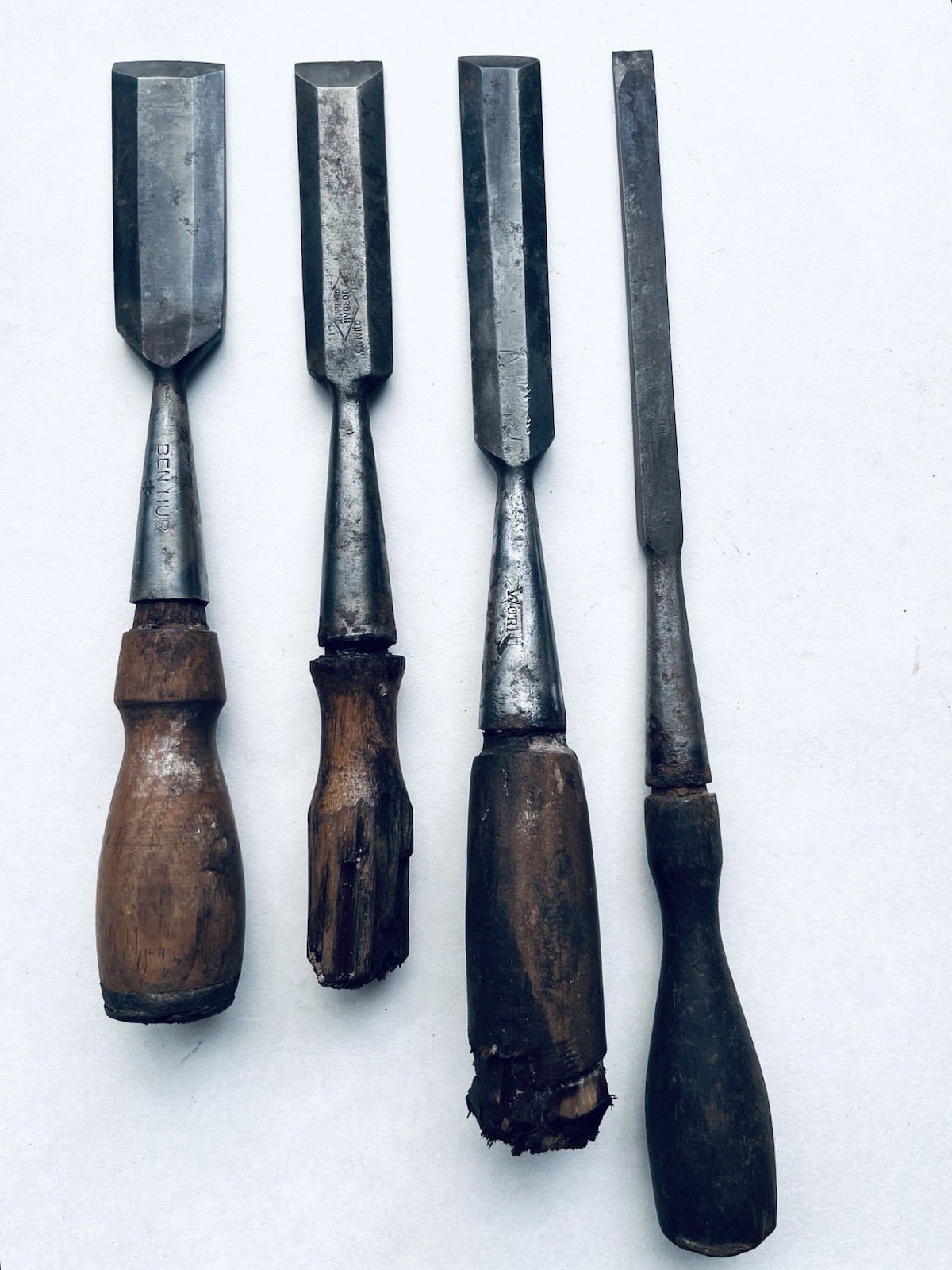 Lot of Four Antique Chisels 1” Two 3/4” And 1/4” Different Brands Jordan Ben Hur