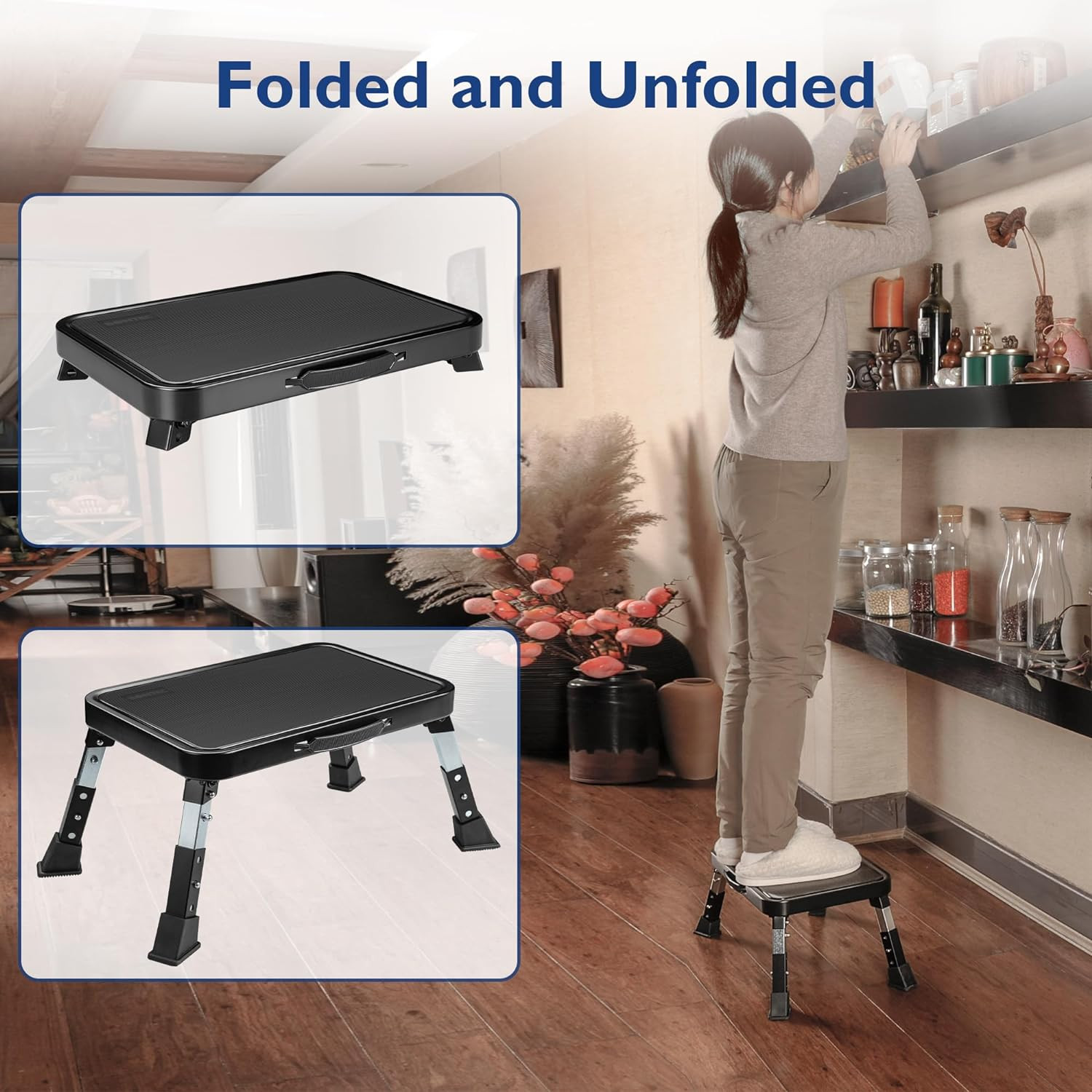 Folding Step Stool, 3-Level Adjustable Metal Step Stool, 330Lbs | Heavy Duty Fol