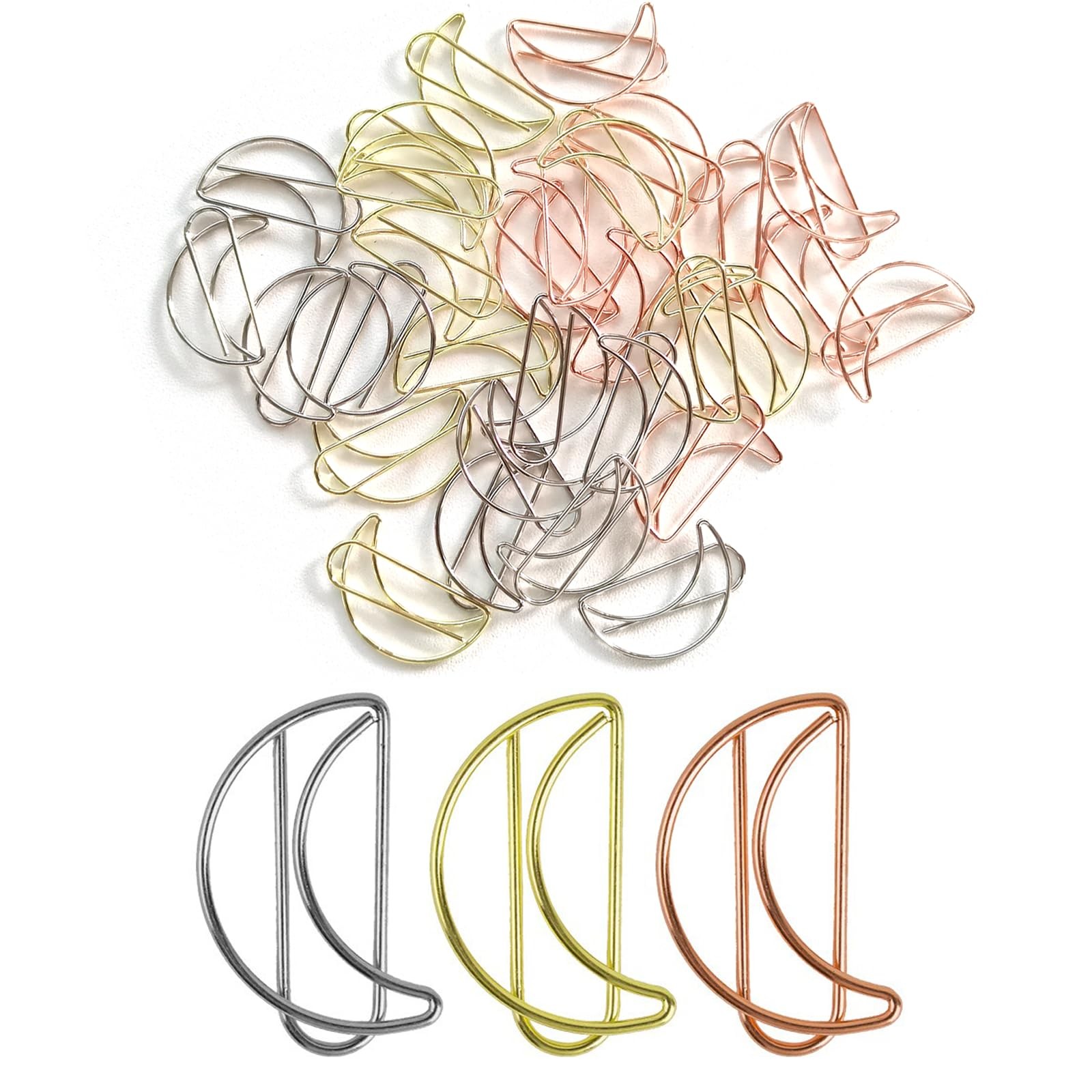 30 Pcs Cute Funny Decorative Moon Paperclips,Metallic Gold, Rose Silver