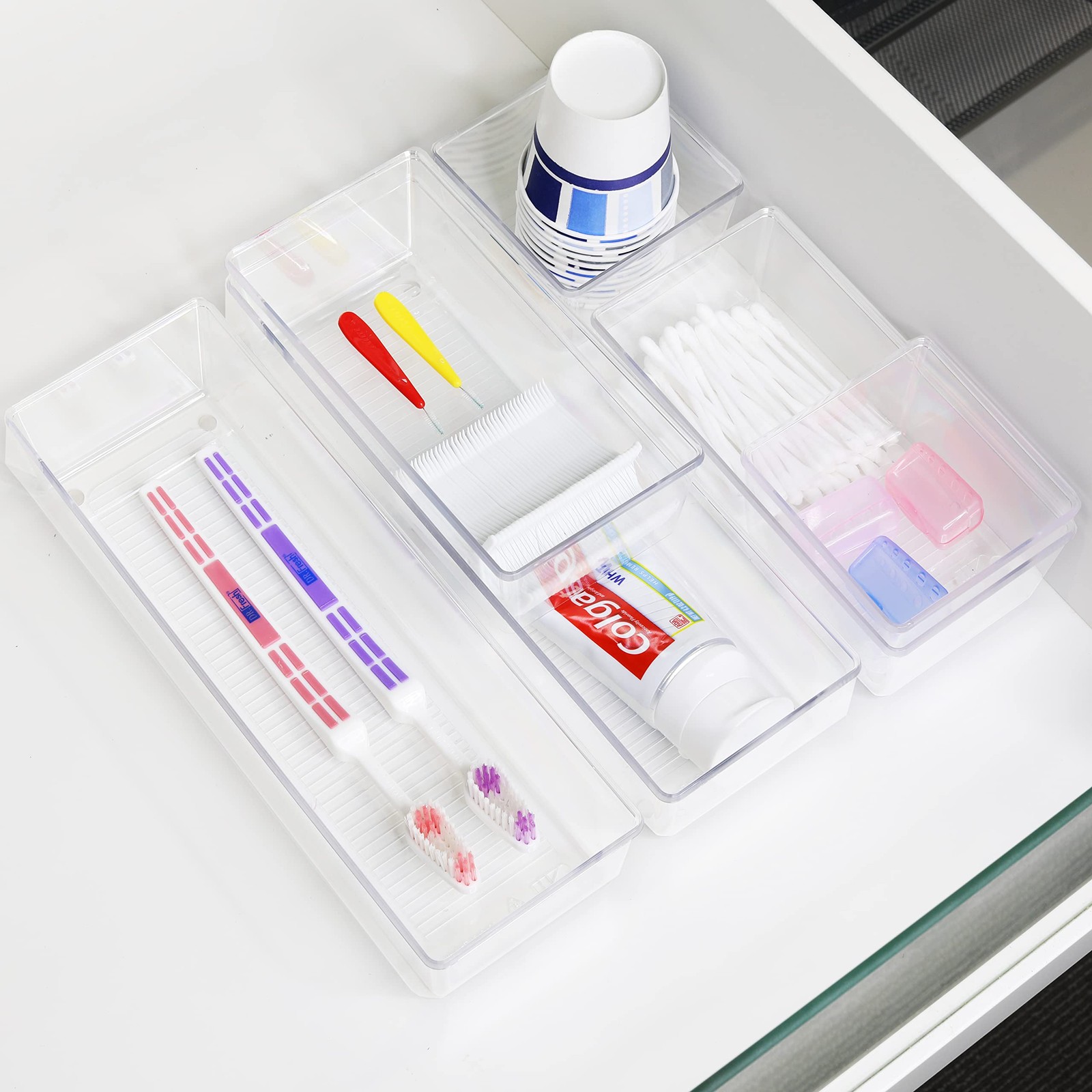 Clear Drawer Organizer for Office Bin Desk Storage, Assorted Size, 6 Packs