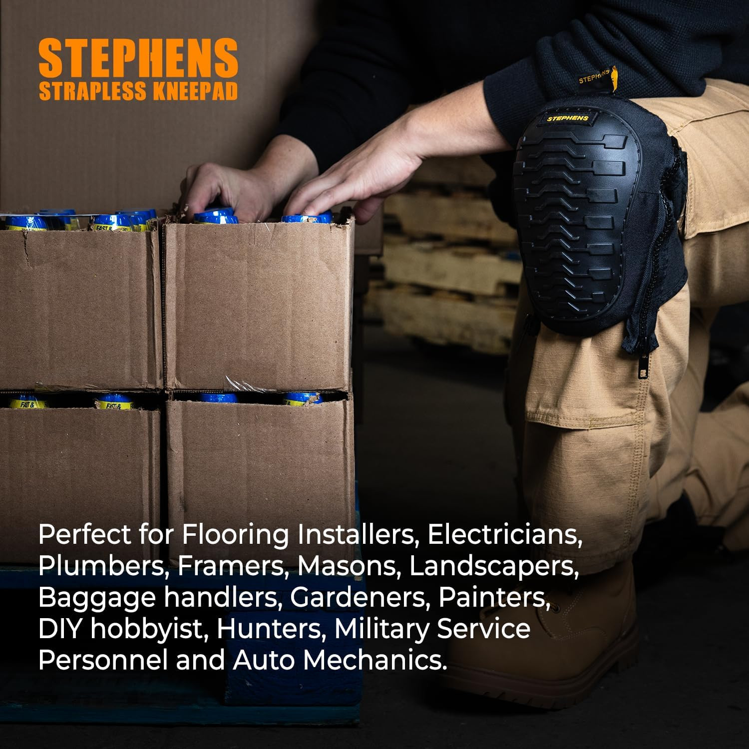 Stephens Strapless Knee Pads for Construction - Heavy Duty Soft Cap Design for W