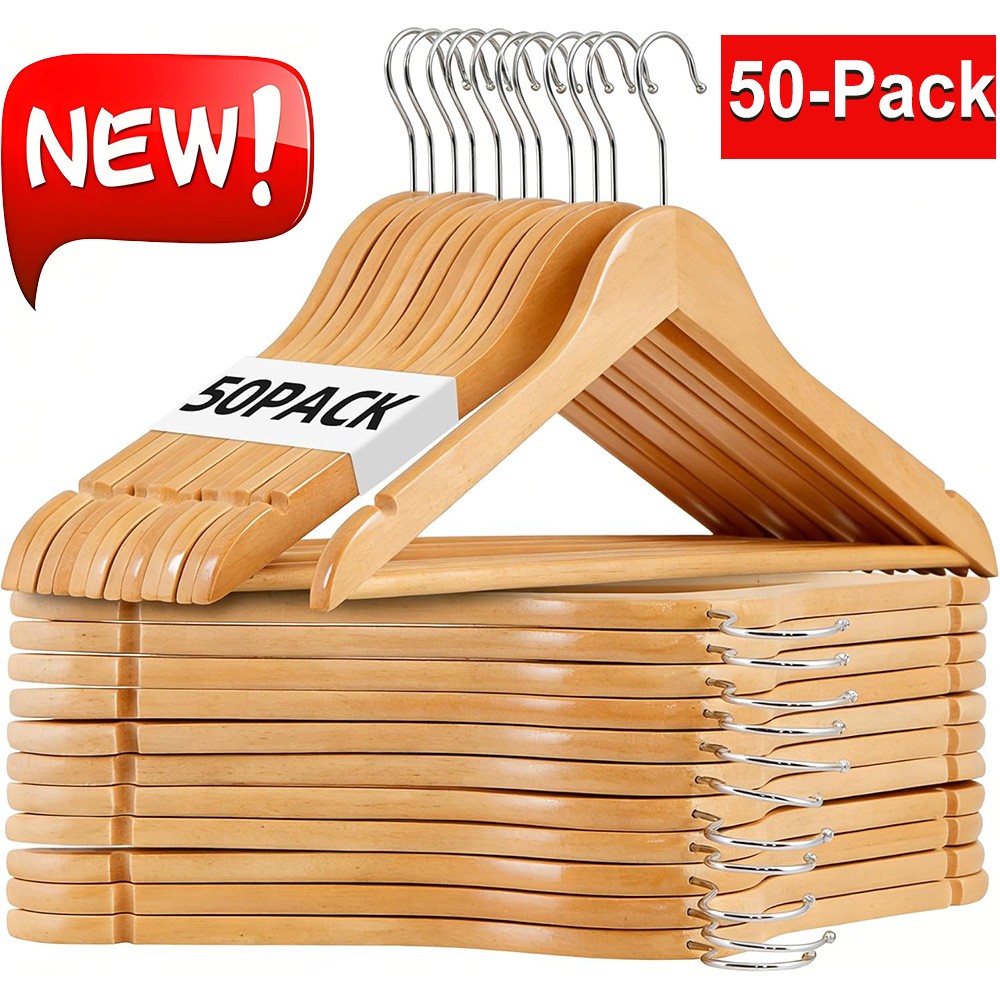 Wooden Hangers 50-Pack Natural Wood Durable Heavy Duty Coat Hangers Non Slip NEW