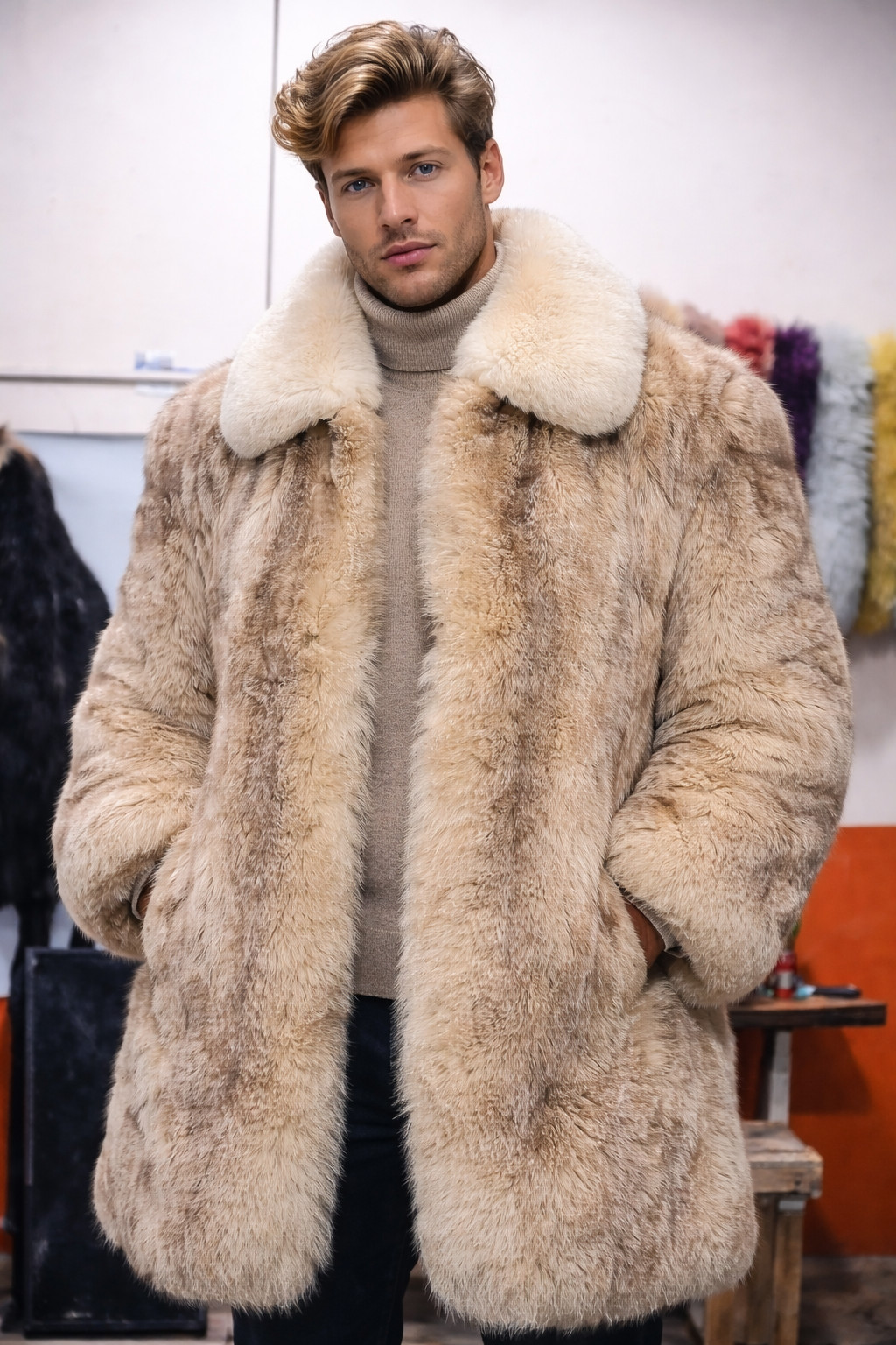 Men's Real Beige blue Fox  Fur Coat – Luxurious Warmth and Style