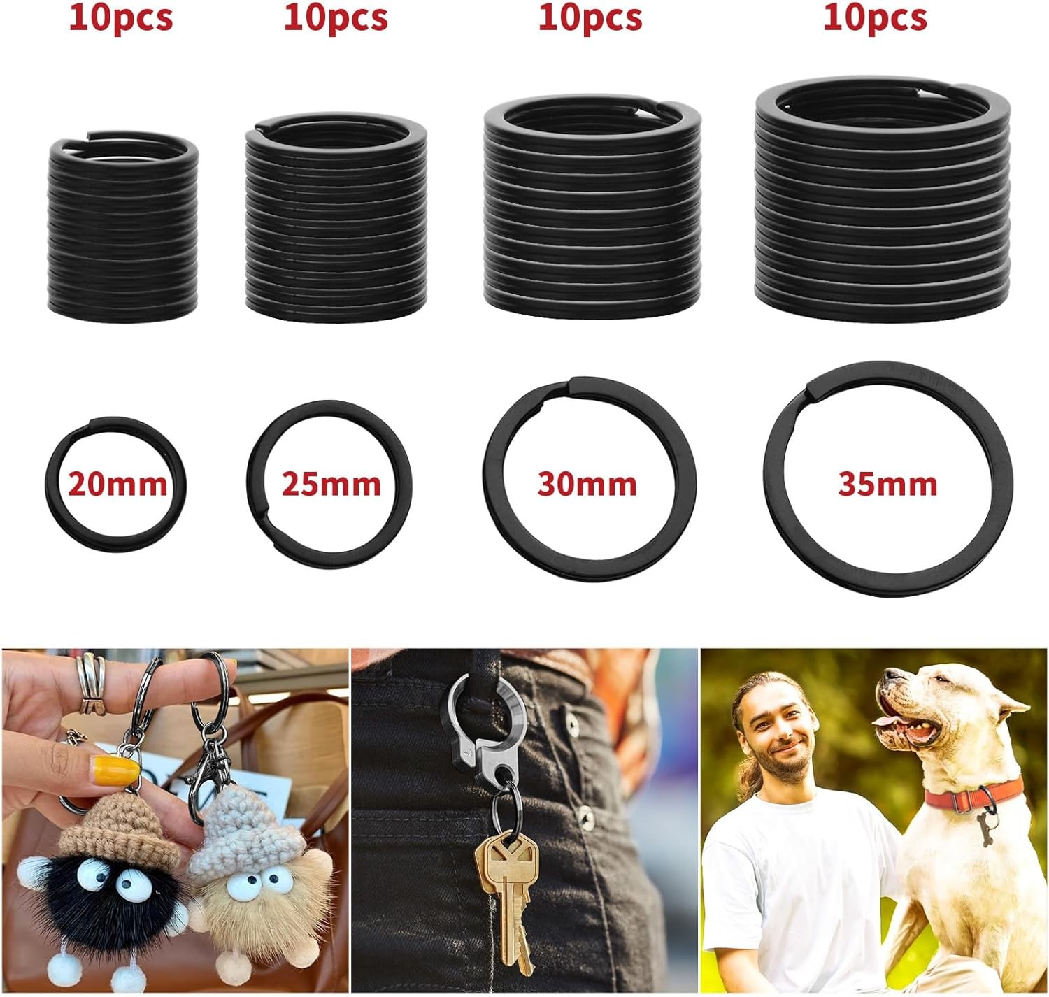 40 Pack Black Key Ring Keychain Assorted in 4 Sizes Metal Round Split Key Chains