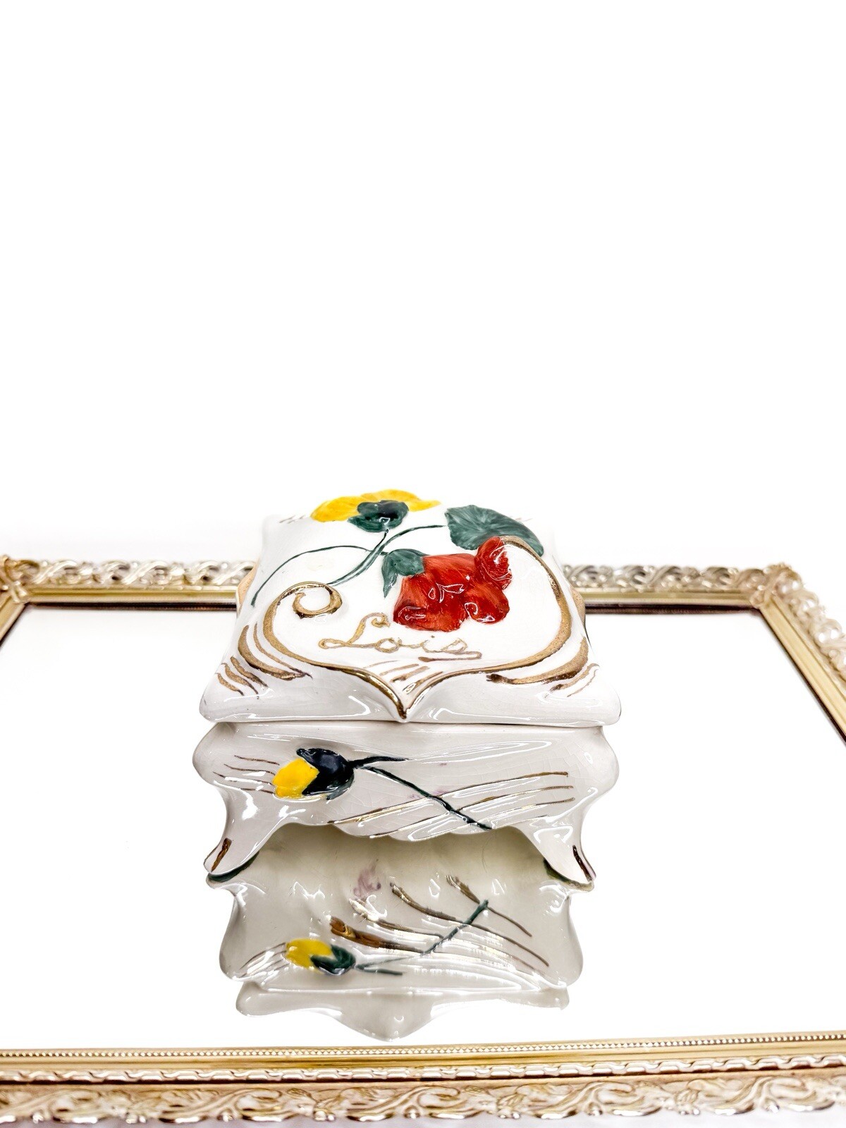 Beautiful Handpainted Signed Vintage Ceramic Lidded Jewelry box