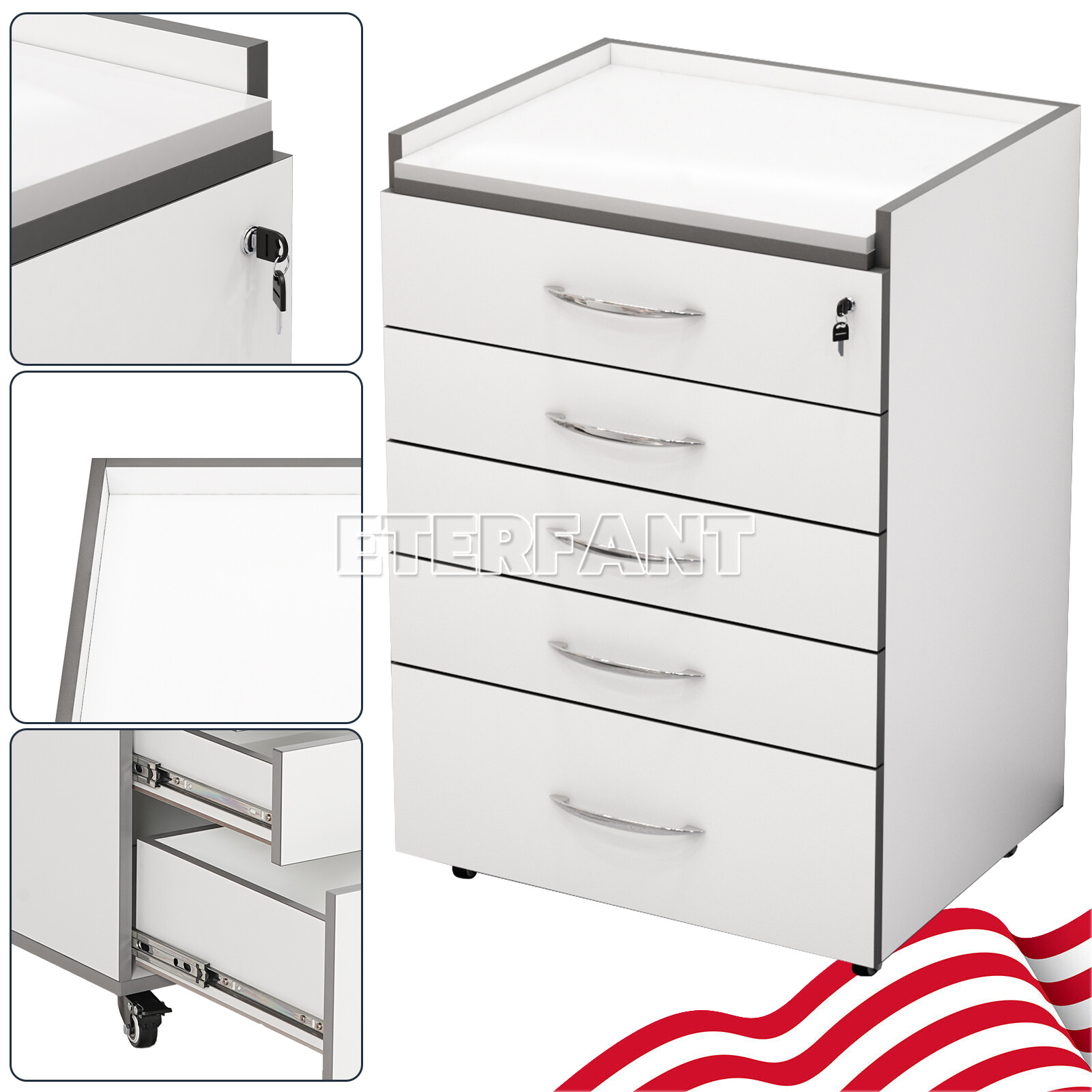ETERFANT 5 Drawer Dental Medical Trolley Cart Mobile Cabinet Wooden Rolling Cart