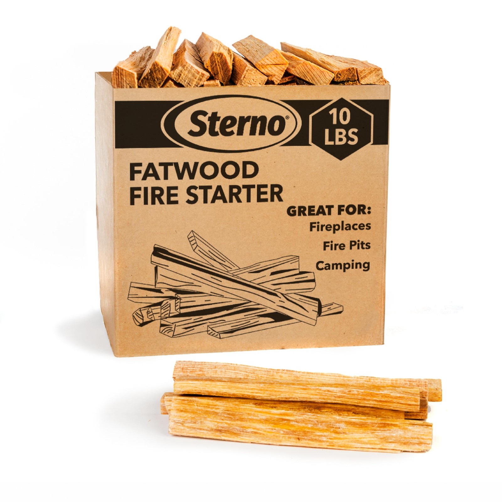Sterno Fatwood Fire Starter Sticks, 10 lb — All‑Natural Resin‑Rich Pine Wood, Ea