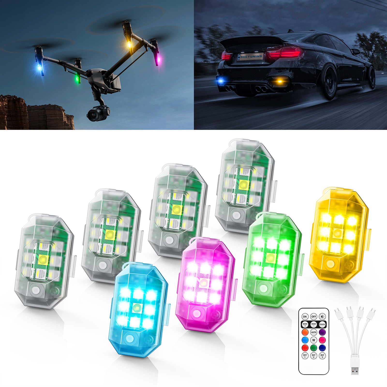 8PCS Wireless LED Strobe Lights w/Remote Control Waterproof Anti-Collision Lamp
