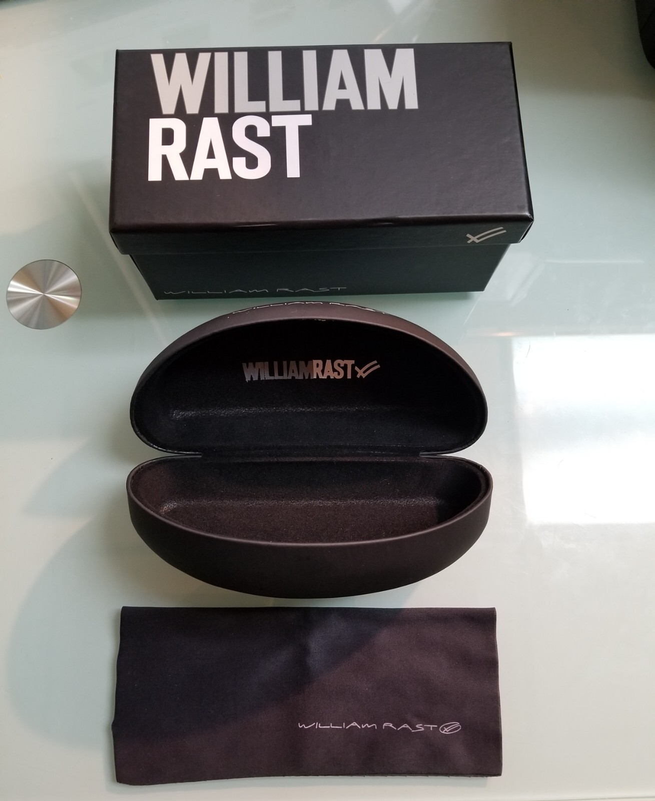 WILLIAM RAST LARGE HARD BLACK SUNGLASSES CASE WITH BOX & CLEANING CLOTH