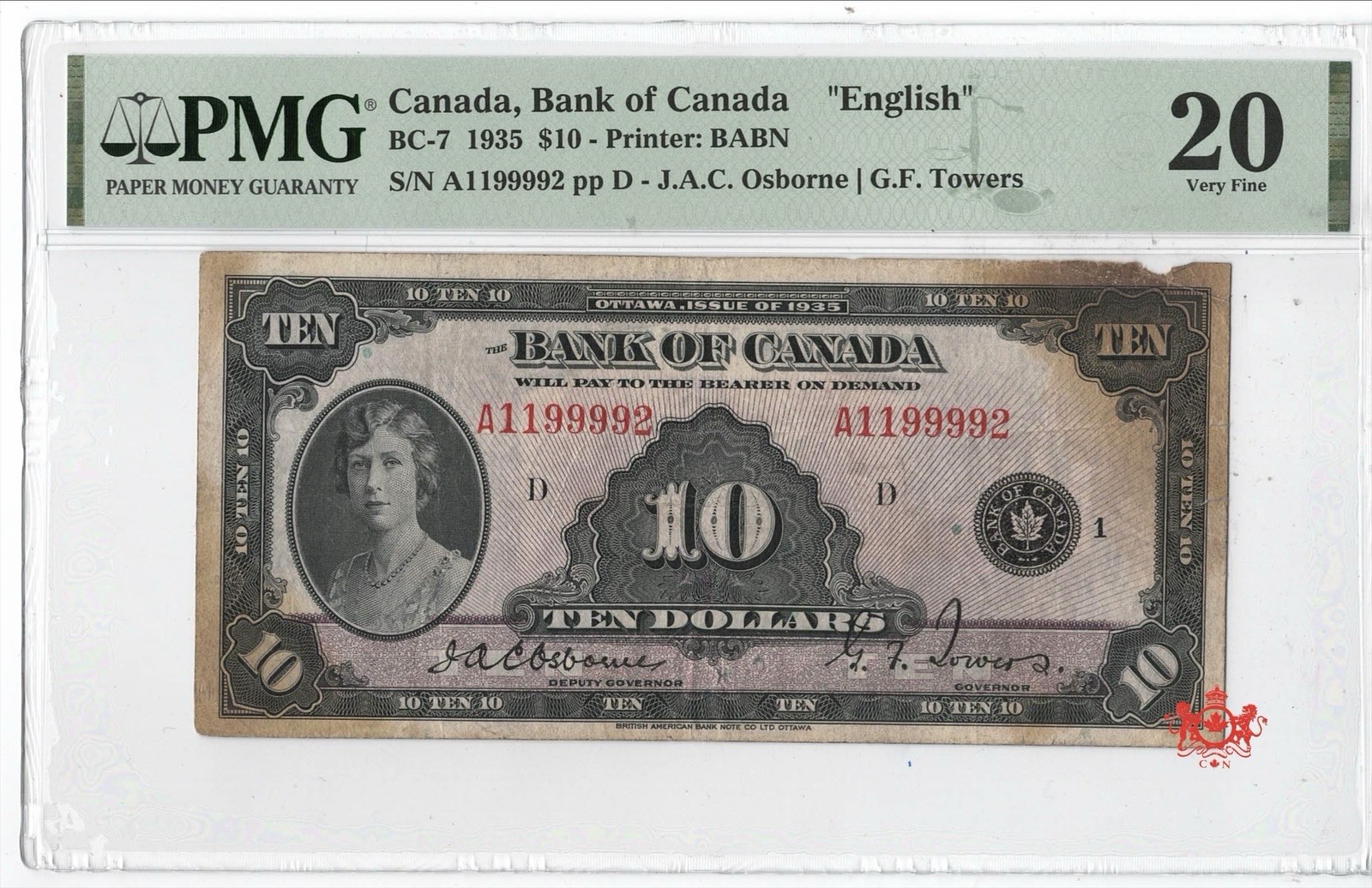 1935 Bank Of Canada 10$ English A1199992 - PMG VF20 - Damage B.V 600$