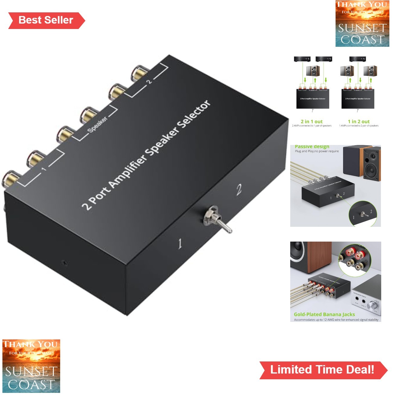 Speaker Selector Switch 2 Way Amplifier A/B Gold Plated Banana Jacks Home Audio