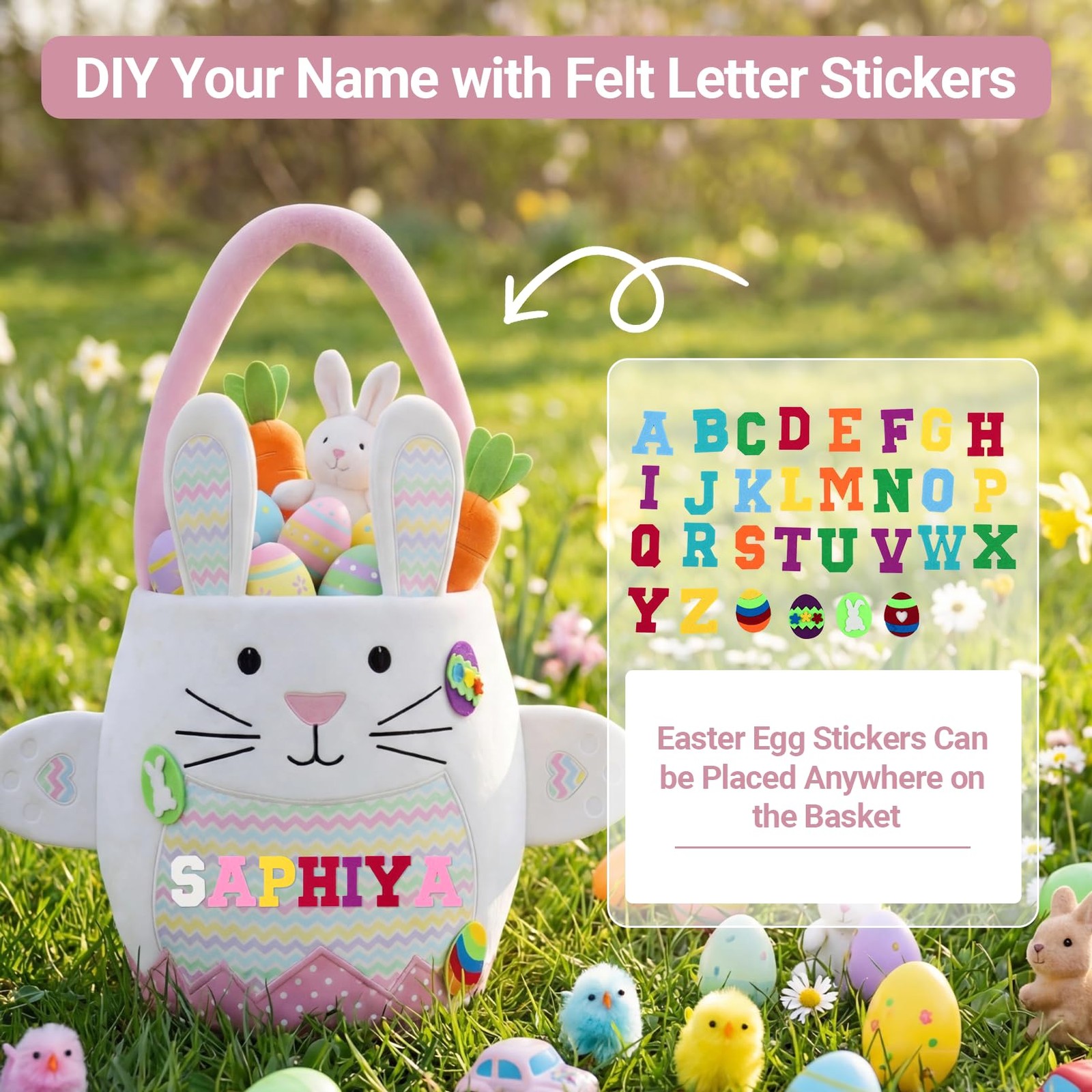 Easter Baskets for -Pink Cute Easter Bunny Baskets with Felt Letter Stickers ...
