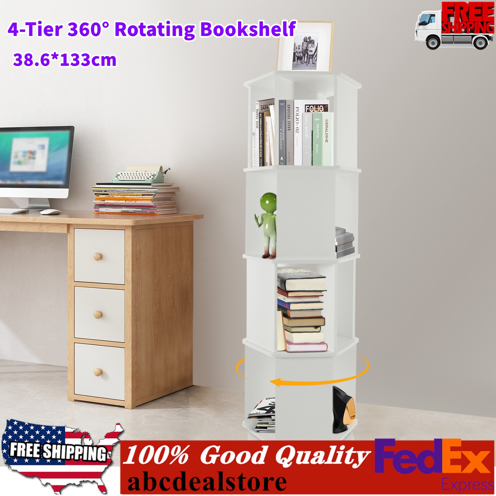 360° Rotating Bookshelf 4-Tier Modern Bookshelf Floor Standing Corner Bookcase