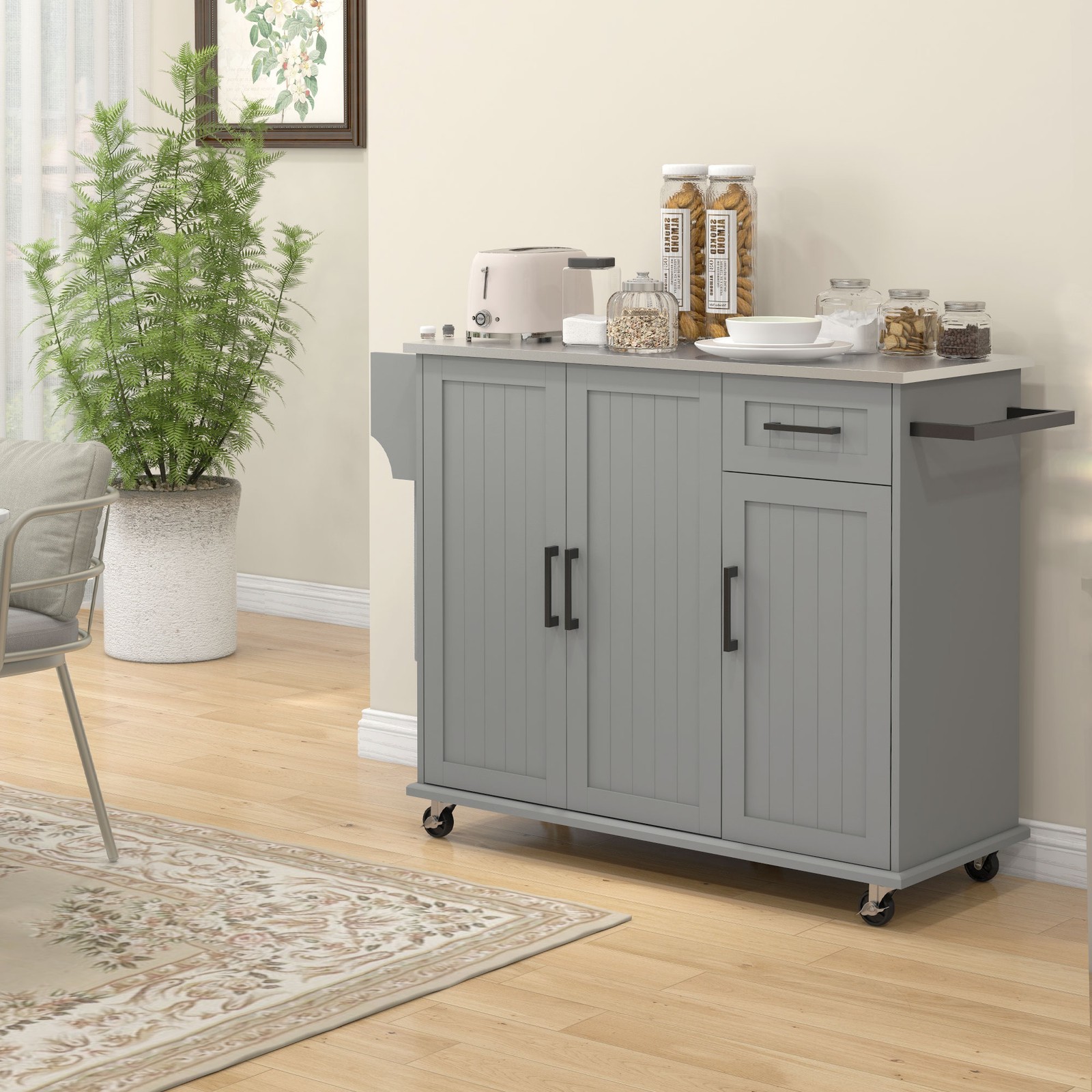 Rolling Kitchen Cart with Stainless Steel Top - Storage Drawer, Adjustable