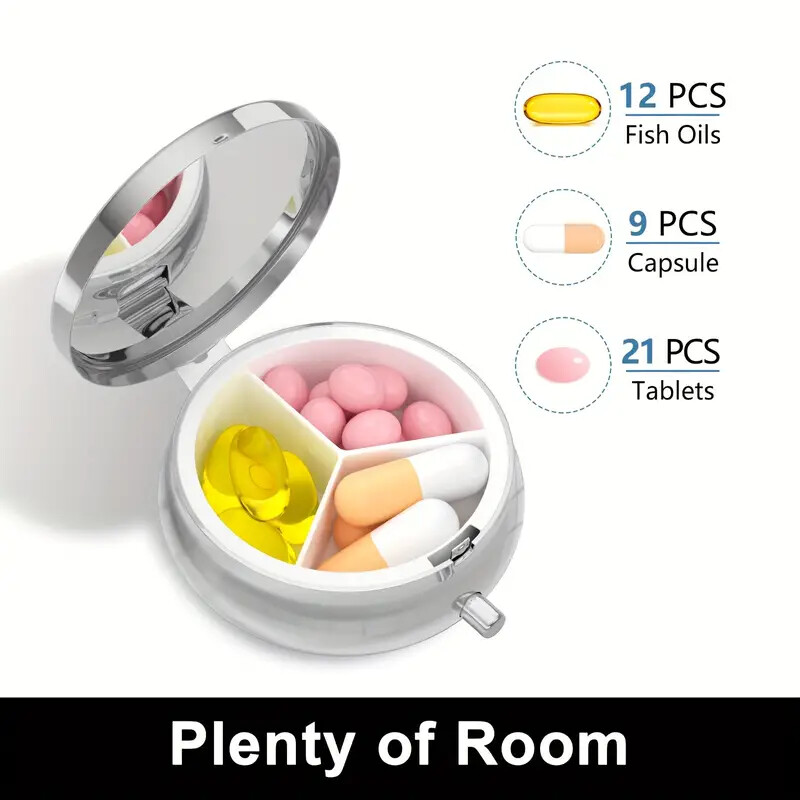Mini Decorative Metal Round Pill Box, 3 Compartment Mini Decorative Pocket Size
