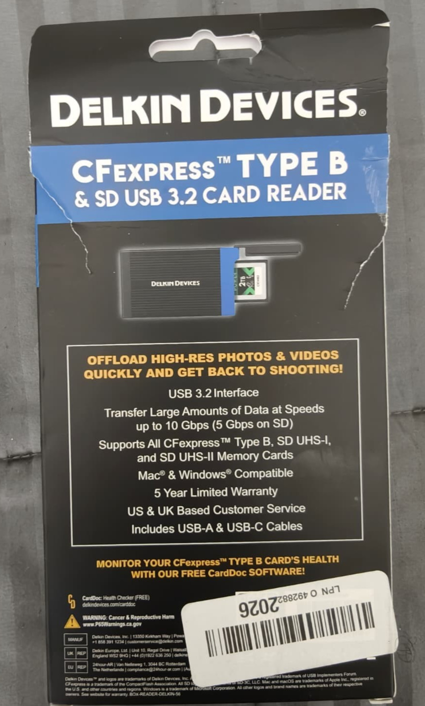Delkin USB 3.2 CFexpress Type B & SD UHS-II Reader DDREADER-56 Open Box