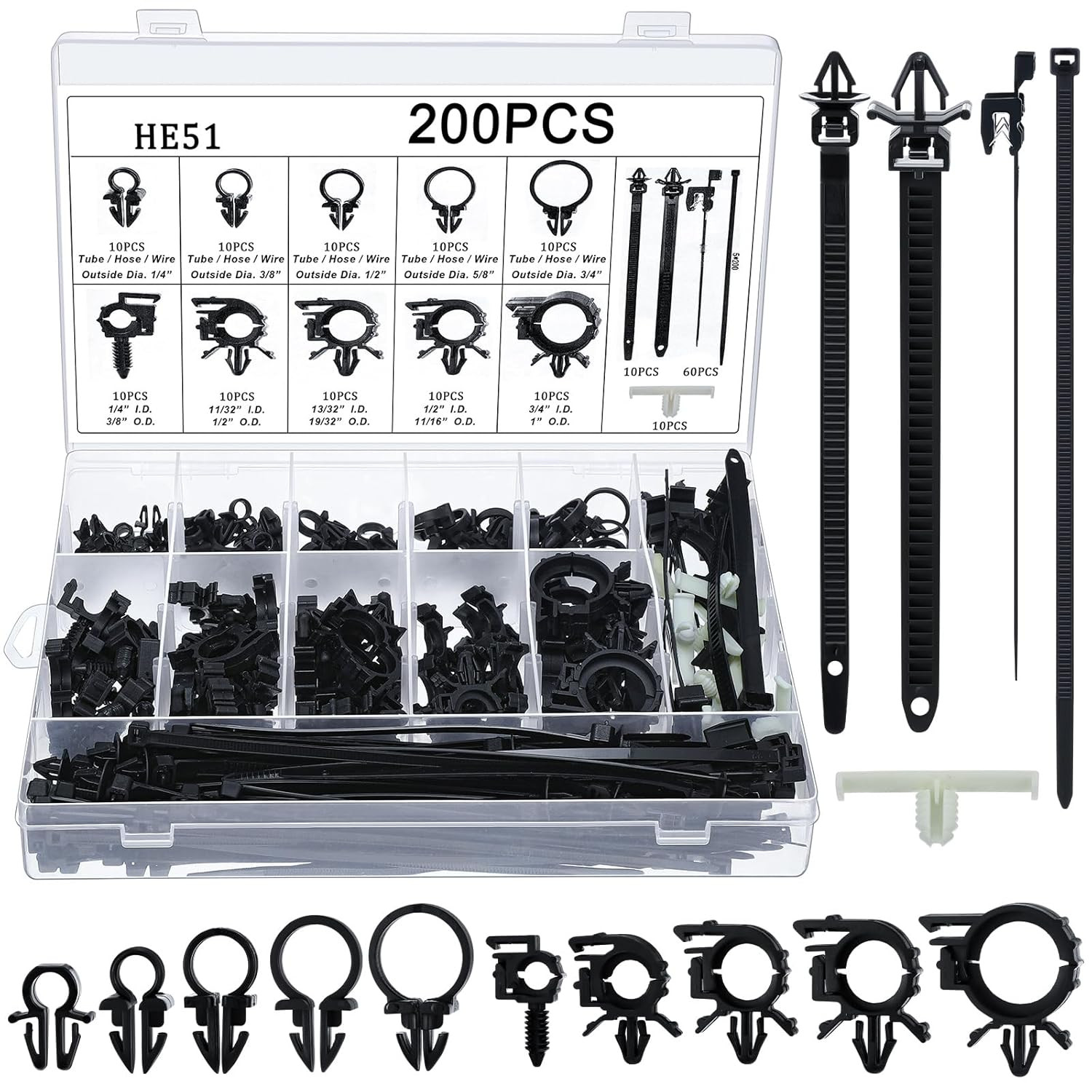 200 Pack Car Wire Loom Clips, 15 Sizes | Push Mount Cable Tie Assortment, Assort