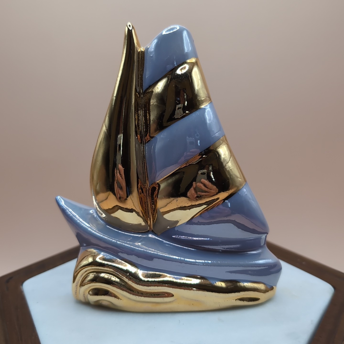 Vintage Sailboat Wall Hanging Pocket Planter Ceramic Blue Gray Gold MCM Nautical
