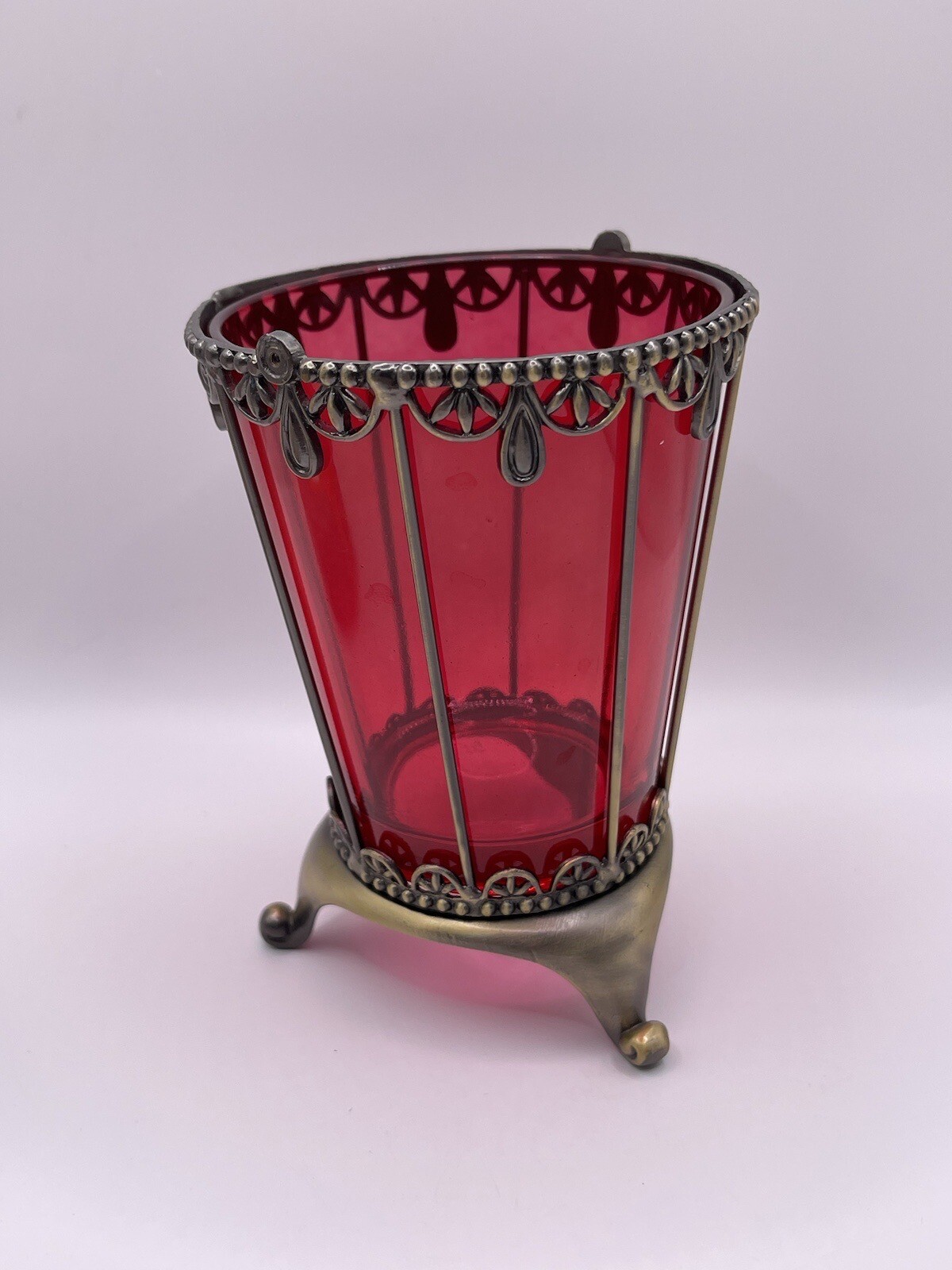 Vintage Elegant Silver-Metal Wire Cup Red Glass Votive Holder Goth Decor ****