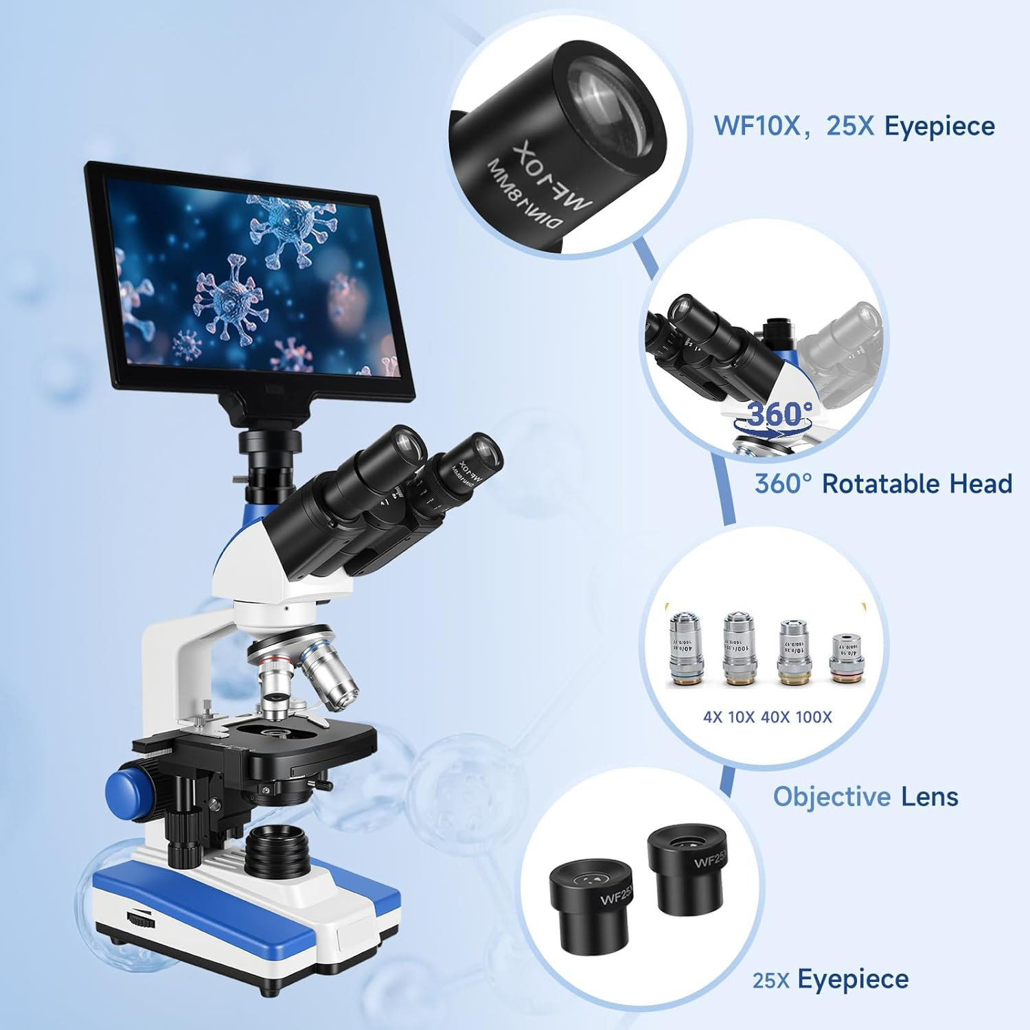 Lab Compound Trinocular Microscopes 40X-2500X Magnification With10 Inch LCD,6MP