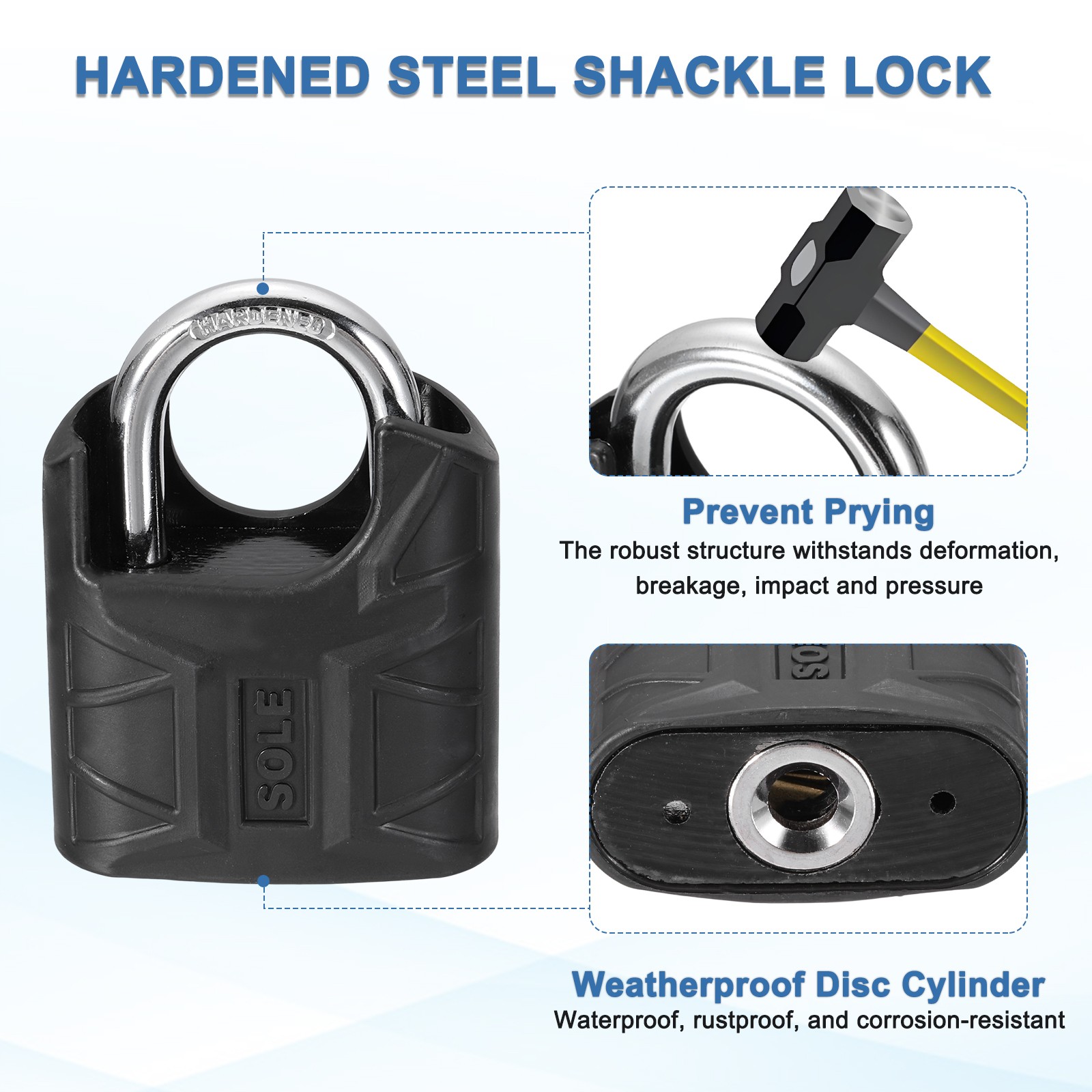 High Security Solid Steel Padlock with Key, Black (1-11/16 Inch)