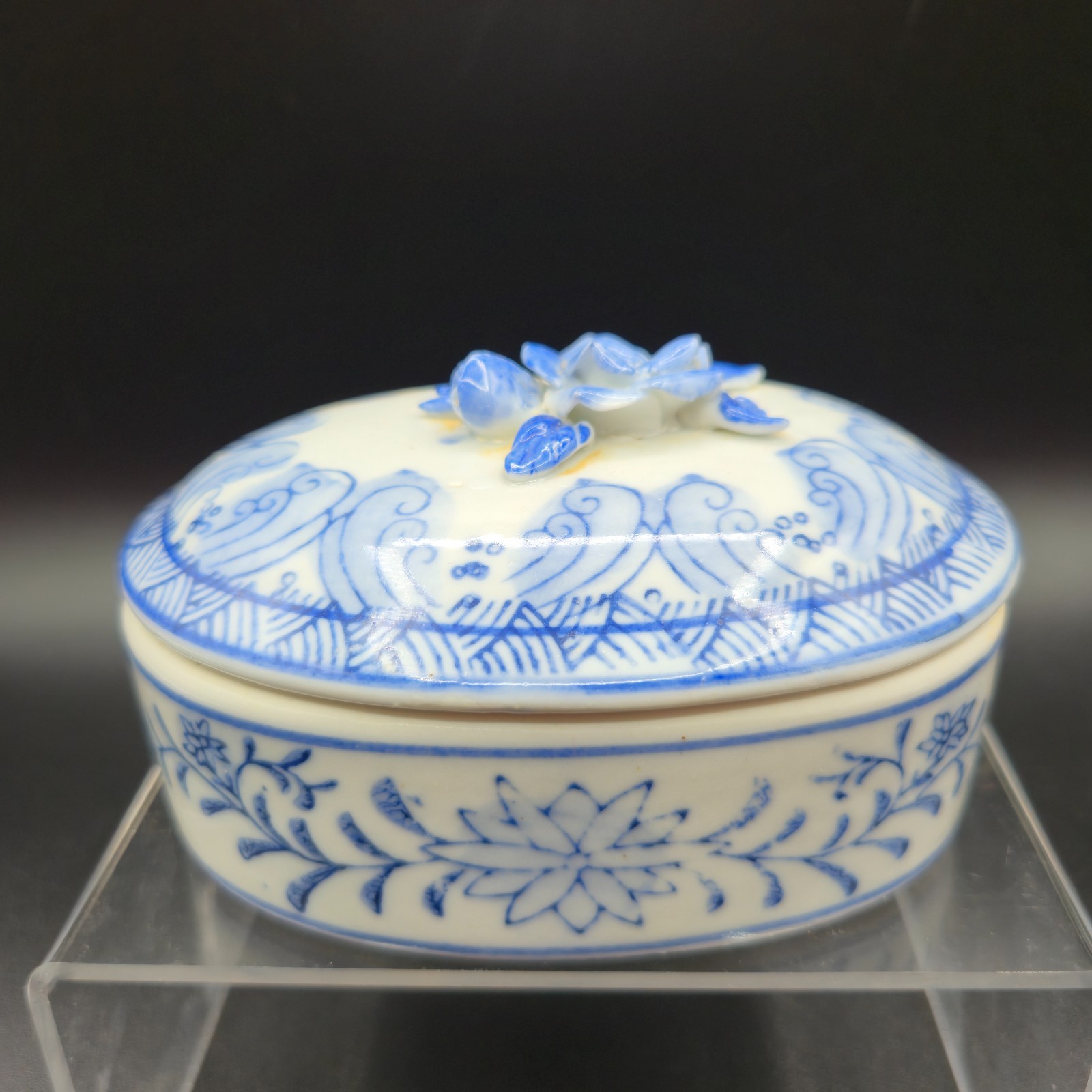 Blue White Floral Trinket Box WORLD BAZAAR Oval Porcelain 4in