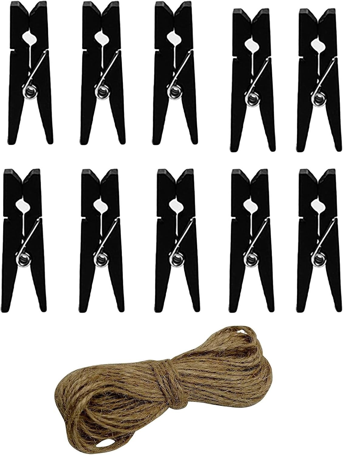 100 Pcs Black Wood Clothes Pins, 1.3 Inch(3.5cm) Small Wooden Pins with 33 Feet