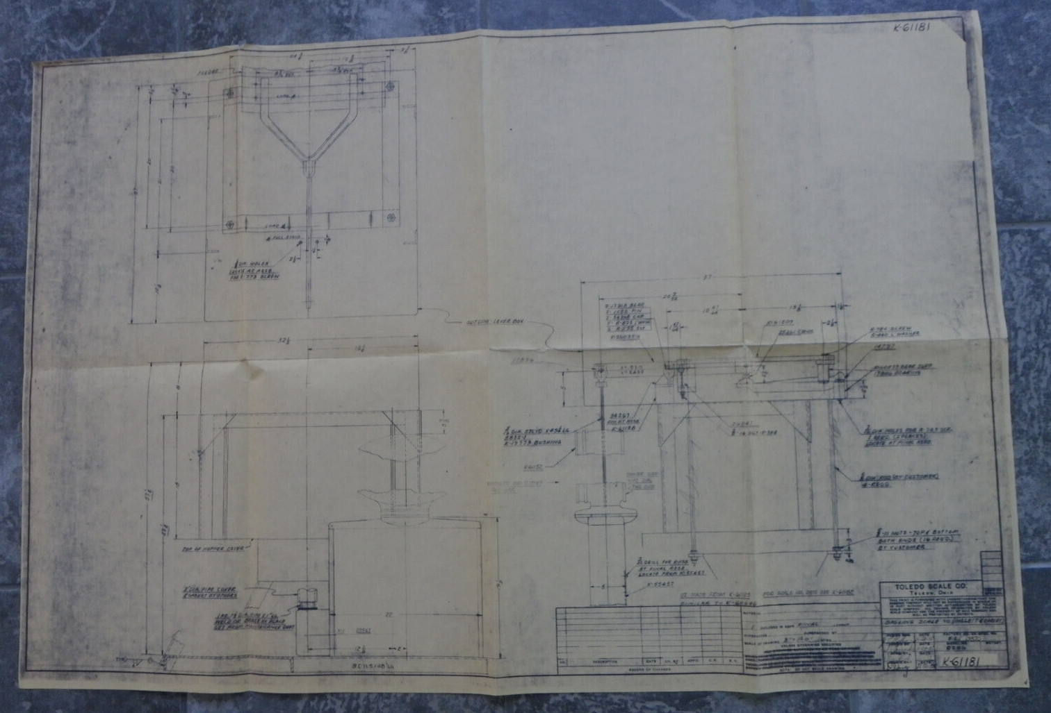 Vtg 36" x 24" 1955 Industrial Schematic Diagram-Toledo Scale Co Bagging Scale