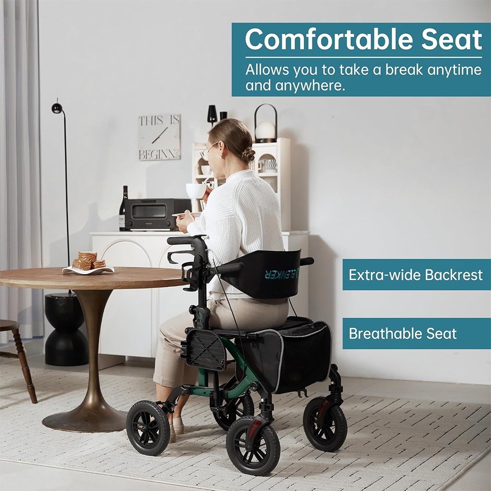 10” Deluxe ELENKER Rollator Walker 2 in 1 Medical Transport Chair Wheelchair Aid